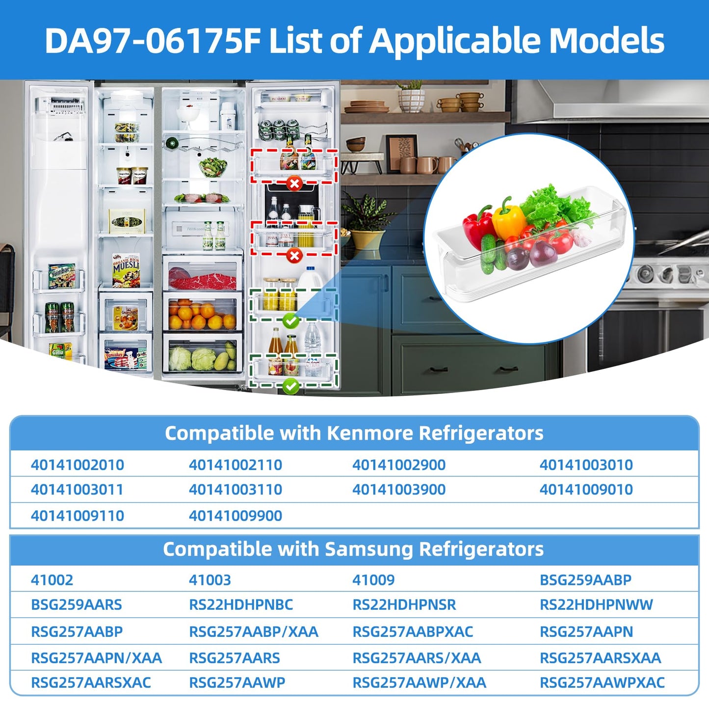 DA97-06175F Refrigerator Door Bin Compatible with Kenmore Samsung Refrigerator Door Shelf RS22HDHPNSR RS22HDHPNBC RS22HDHPNWW RSG257AARS RSG257AAWP RSG257AAPN, Fridge Lower Shelf Guard Replacement