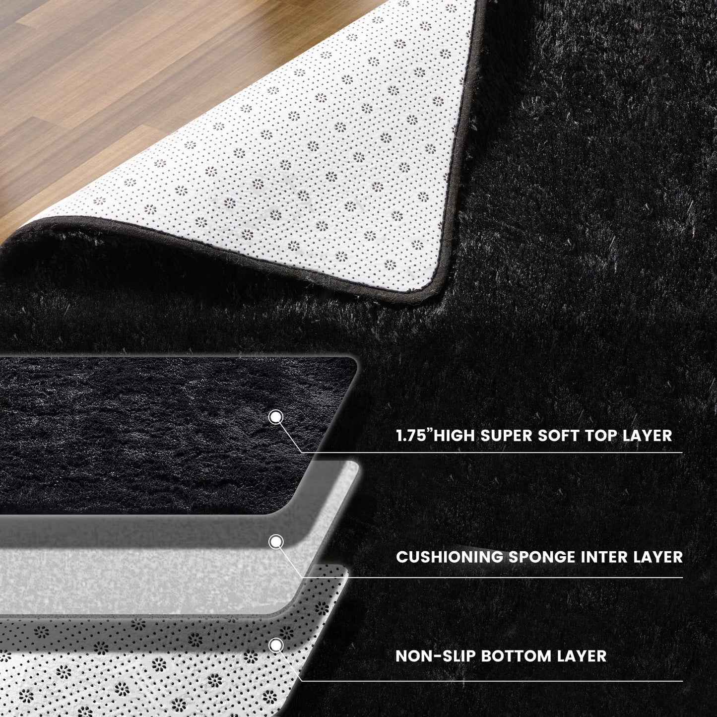 KNZE Super Soft Area Rugs for Living Room 5x7 Black, Fluffy Furry Shaggy Fuzzy Area Rug, Upgrade Anti-Skid Rectangular, High Pile Soft Throw Rug for Bedroom and Kids Room, Home Decor Aesthetic