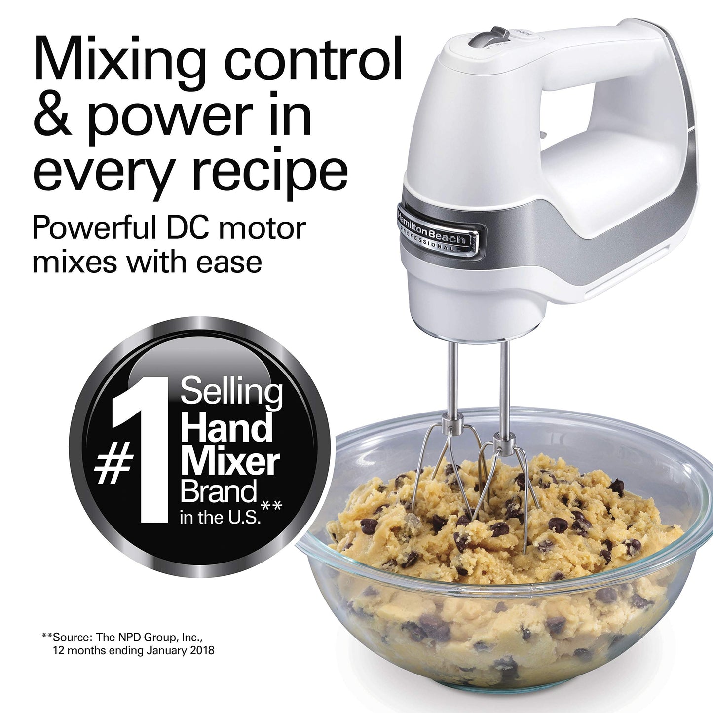 Hamilton Beach Professional 5-Speed Electric Hand Mixer with High-Performance DC Motor, Slow Start, Snap-On Storage Case, Stainless Steel Beaters & Whisk, White (62652)