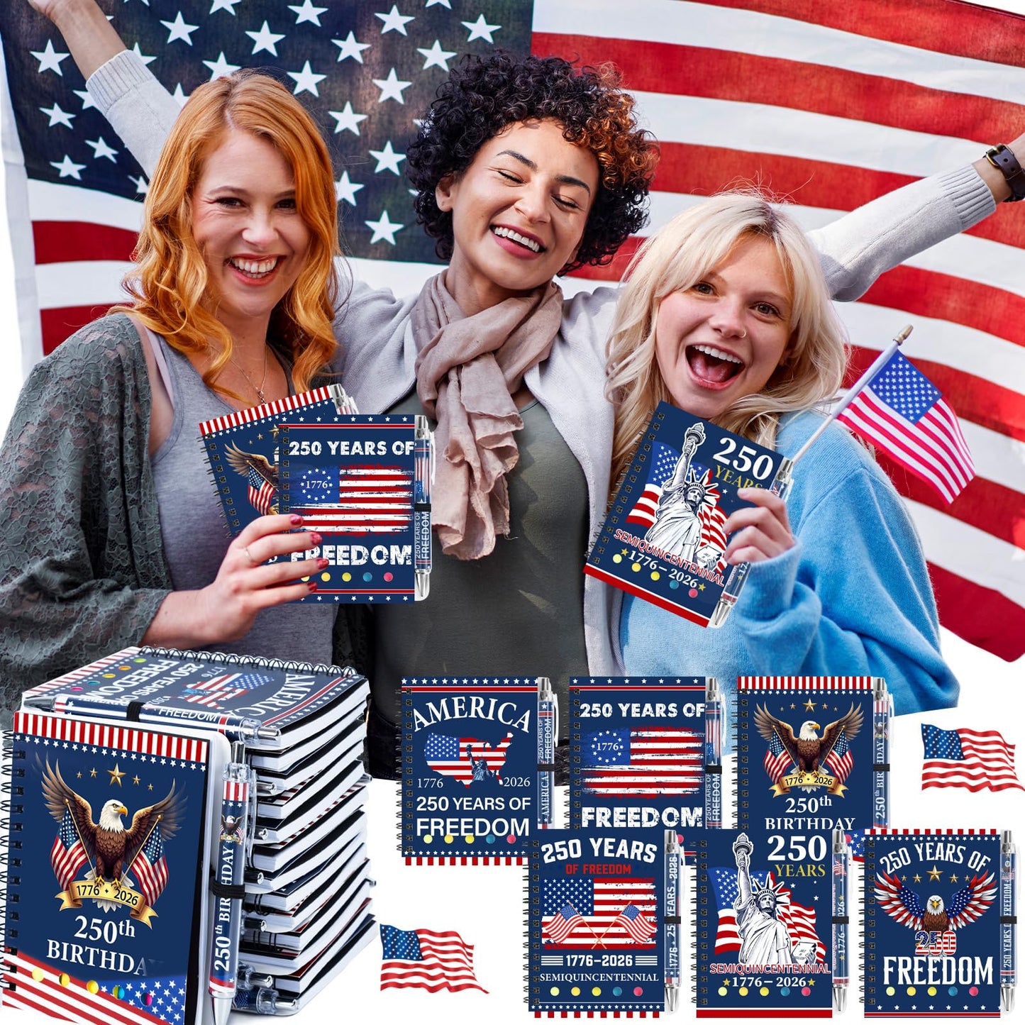 24 Sets/ 48 Pcs 250th Anniversary Spiral Notepads Bulk 4th of July Souvenir Notebooks and Ballpoint Pens Patriotic USA Gifts for 250 Anniversary USA Independence Memorial Day Office Party Supplies