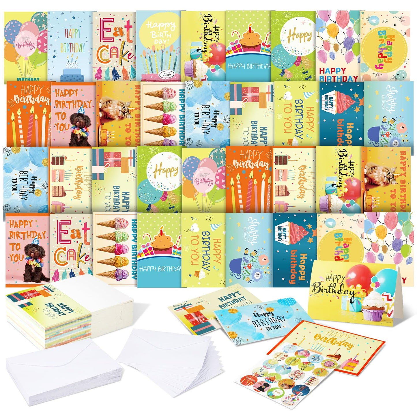 Harloon 200 Pack Happy Birthday Card Assorted Bulk with Blank Envelopes and Stickers 4 x 6 Inches Greeting Blank Happy Birthday Cards for Men Women Adults Kids, 20 Styles(Cute Style)