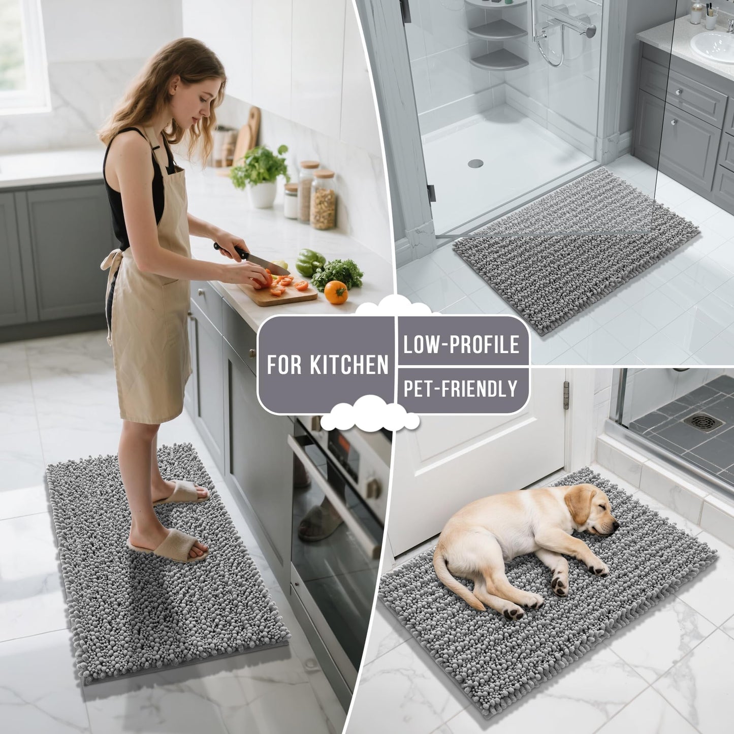 Yimobra Bathroom Rug Set 3 Piece - Super Absorbent Quick Dry Chenille Bath Mats & Toilet Rug, Non Slip Machine Washable, Extra Thick Shaggy Floor Mat for Shower Tub Sink, Grey
