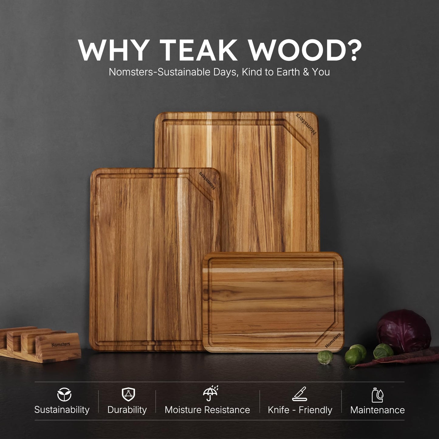 3 Pack Teak Wood Cutting Board Set for Kitchen Charcuterie Board Serving Heavy Duty Non Toxic Slip Hardwood Over Sink Solid Thick Haus Wooden Chopping Board Large Big Small Meat Best Essential Gift
