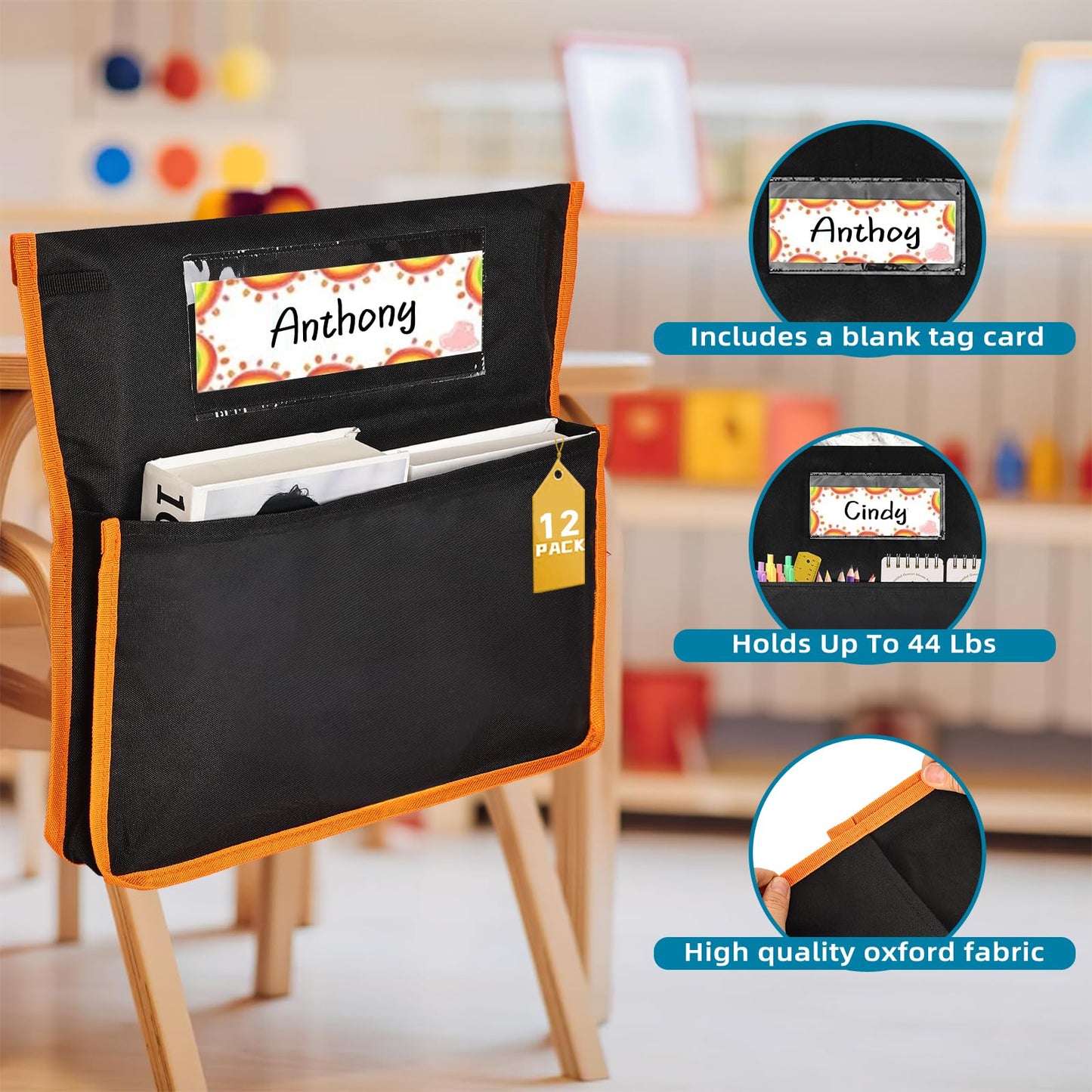 Runpig 12 Pcs Classroom Chair Pockets, 17 x 15 Inch Seat Sacks for Chairs, Buddy Pocket, Chart Seat Back Organizer With Name Tag