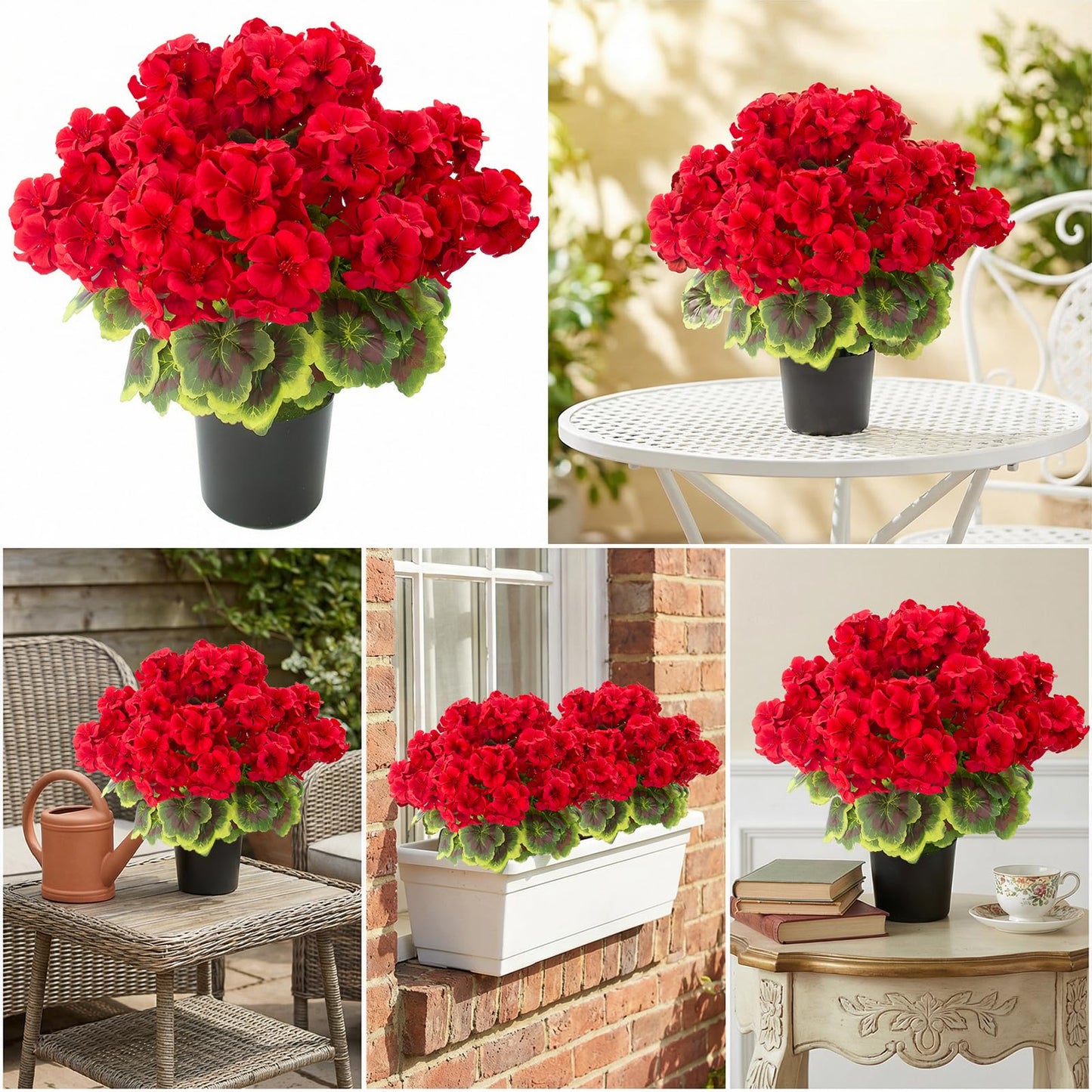 lovemoon 2 Pcs Geranium Potted Artificial Flowers, 19" Fake Geraniums Plants UV Resistant Silk Potted Plants for Outdoor Home Décor Office Porch Garden Decor (2, Red)
