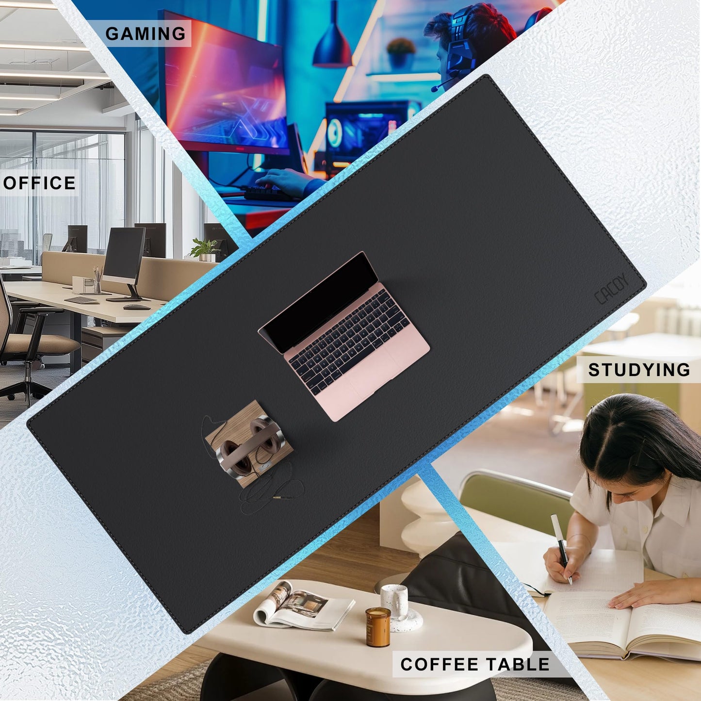 Cacoy 51" x 24" Leather Desk Mat, Office Desk Blotters, Large Computer Gaming Mouse Pad XXL, Waterproof PU Leather Laptop Table Cover Protector, Executive Desktop Accessories (Black)