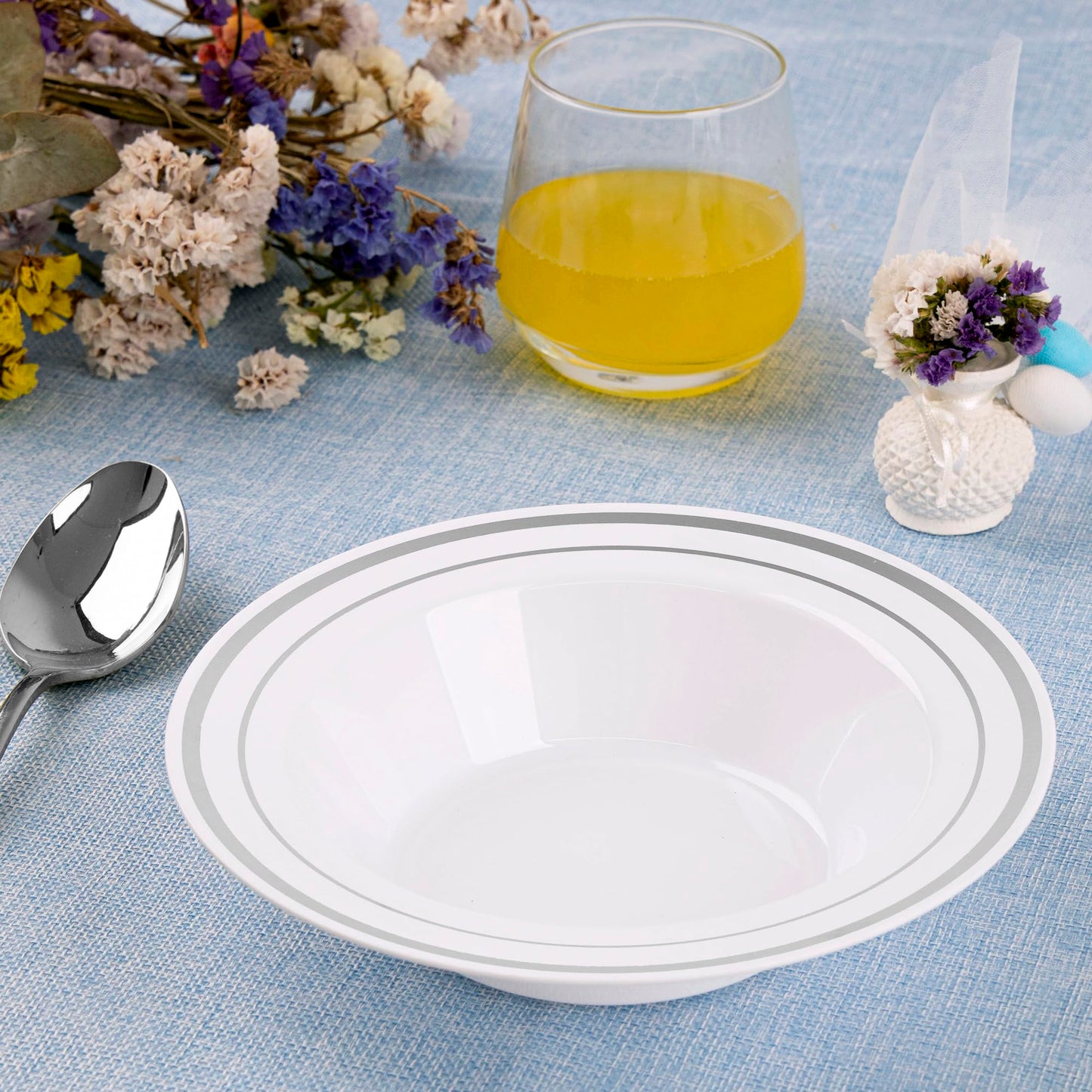 SETUP [12 oz. - 50 Piece Dessert Soup Bowls with Silver Rim, Plastic Bowls Disposable - Premium Heavy-Duty Disposable Soup Bowls for Party, Wedding, and All Occasions
