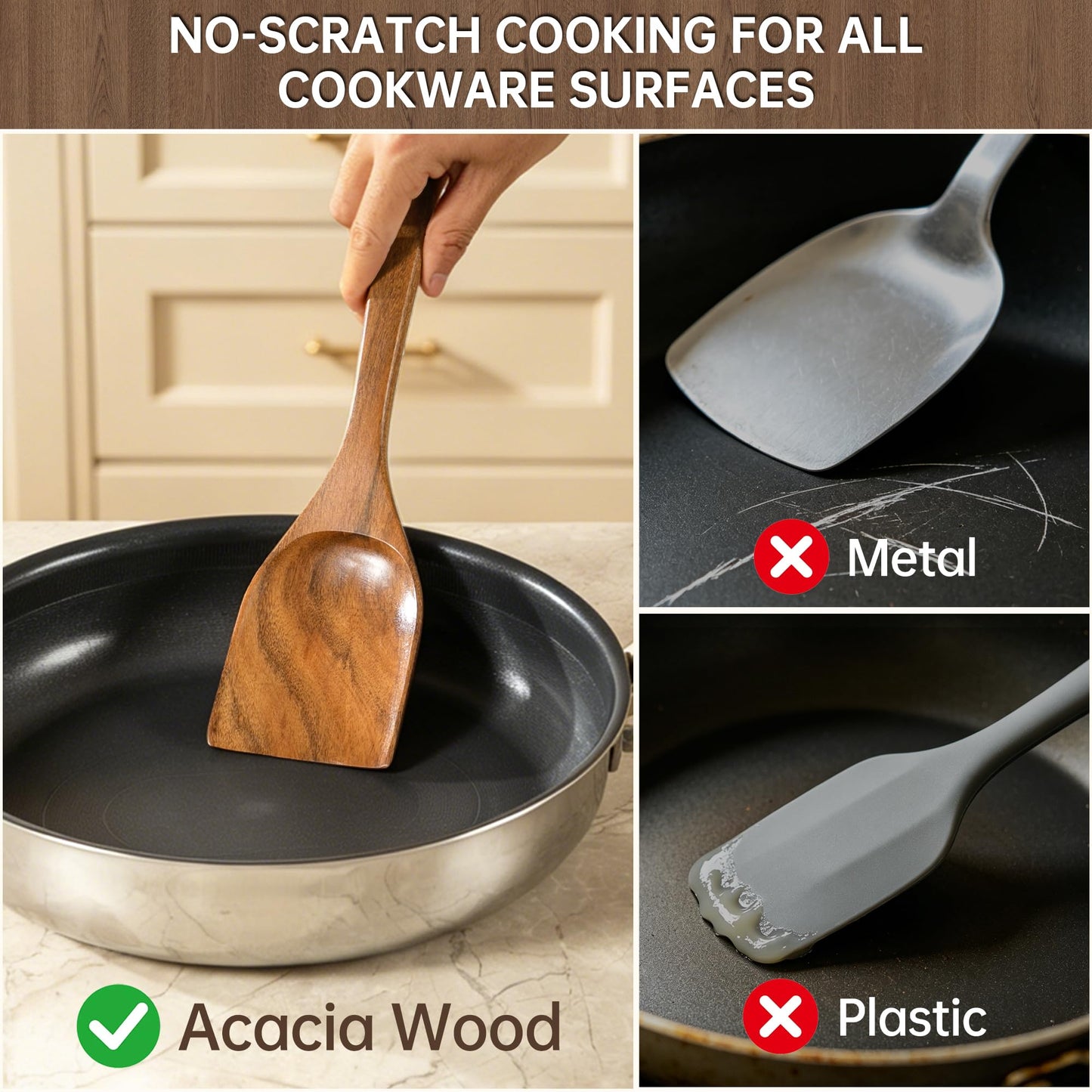 FYCTIO Wooden Utensil Set 12 PCS - Natural Non-Toxic Acacia Wooden Spoons for Cooking, Nonstick, Sturdy, Easy to Clean, Wood Kitchen Utensils Set with Holder, Spoon Rest & 6 Hooks, Ideal for Gifting
