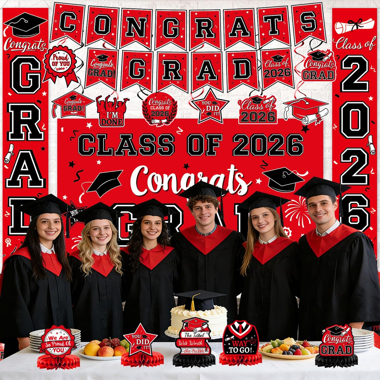 2026 Graduation Decorations, Red and Black Graduation Decorations Set with Congrats Grad Banner & Backdrop, Porch Sign, Hanging Swirls, Balloons, Honeycomb Centerpieces for All Congrats Grad Party Decorations
