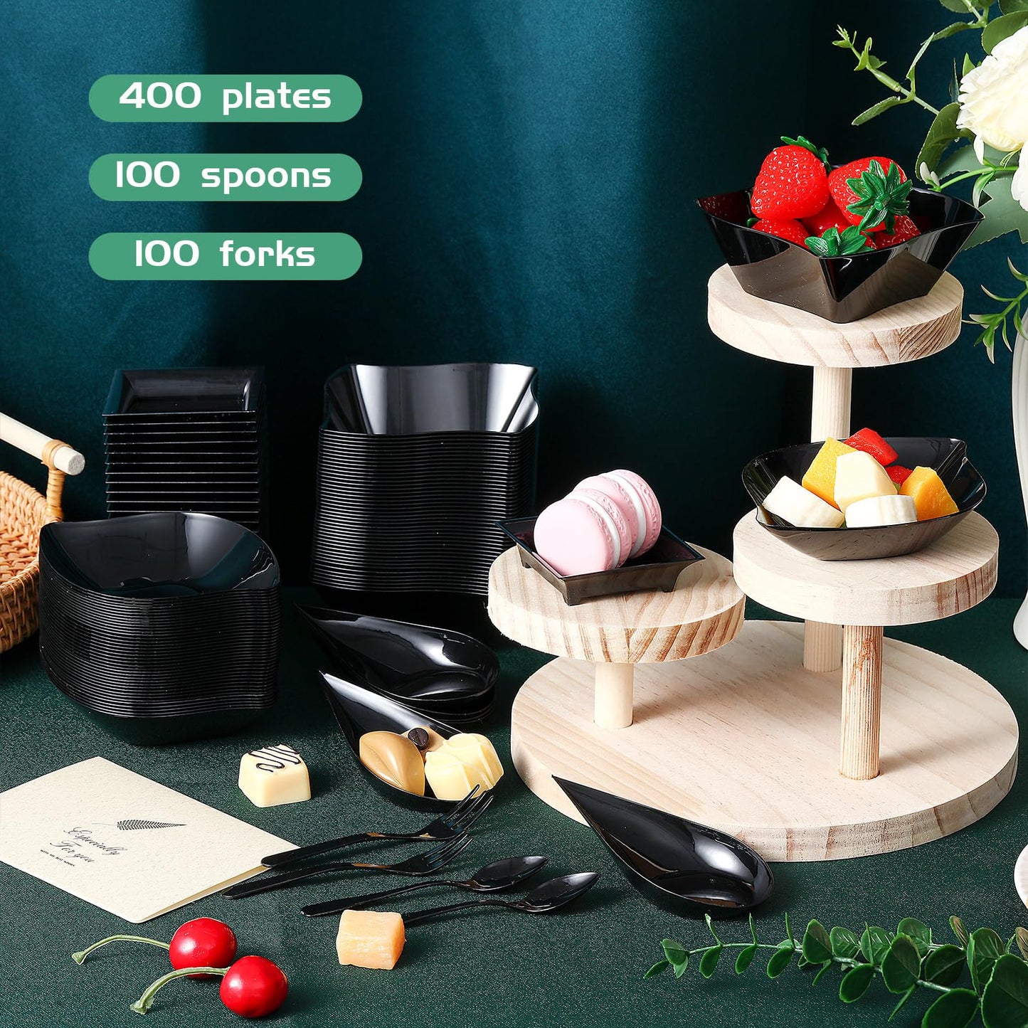 Tessco for you 800 Pcs Mini Appetizer Plates Set Including 400 Disposable Dessert Plates Assorted Shape 200 Mini Plastic Forks 200 Plastic Spoons for Party (Classic Style, Black)