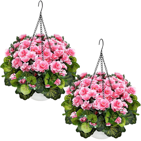 Tobilu 2 Sets Artificial Hanging Baskets Flowers for Outdoors, Already Assembly Silk Flower with Hanging Baskets UV Resistant Realistic for Spring Summer Garden Porch Yard Patio Outside Decor, Pink