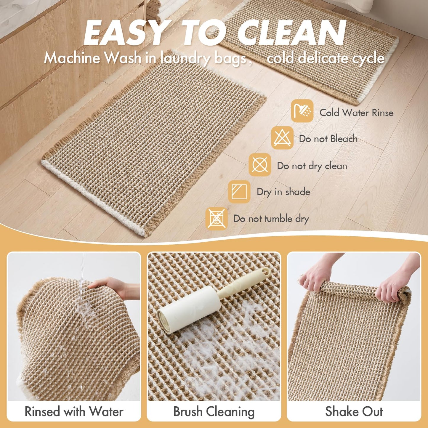 MIULEE Set of 2 Waffle Bathroom Rugs, Boho Bath Rugs Non Slip Washable, Super Absorbent Bath Mats, Ultra Soft Rubber Backed Shower Mats for Bathroom Floor, Tub, Brown & White, 18x30 Inch