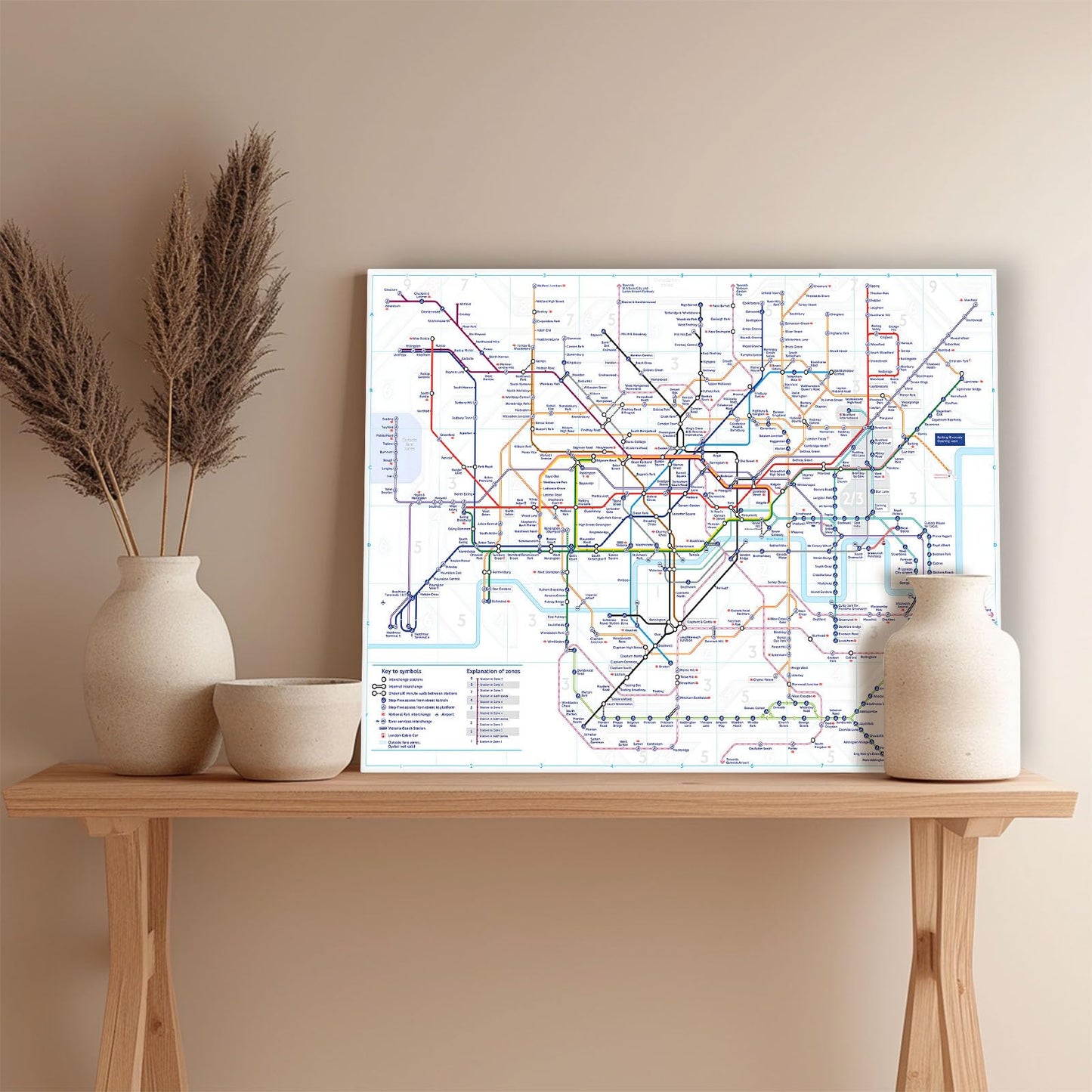 London Underground Map Canvas Wall Art - Modern Tube Subway System Print for Office Living Room Bedroom Decor - Unique British UK Travel Souvenir Gift - Framed Ready to Hang