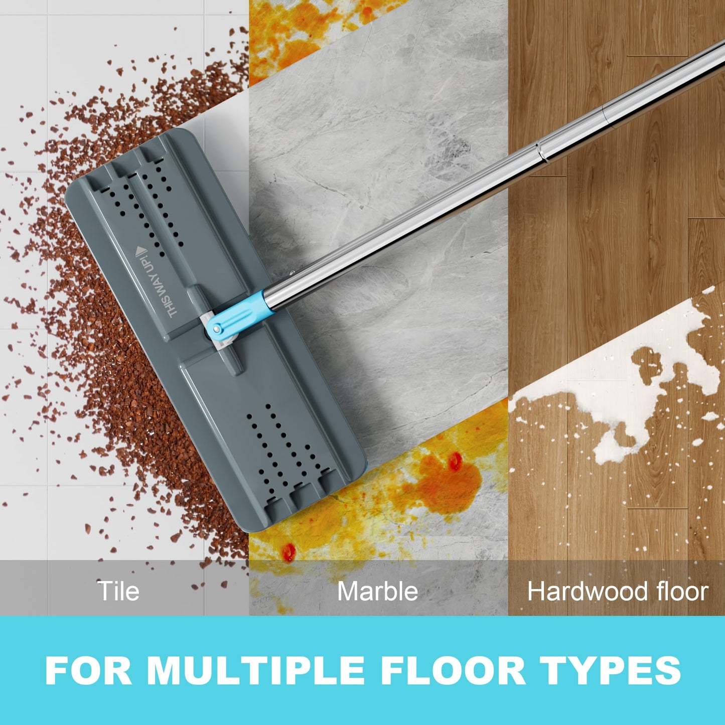 JOYMOOP Mop and Bucket Set, Mops for Floor Cleaning, Wall Mop Cleaner with Long Handle, with 4 Reusable Microfiber Mop Pads - Grey+Cyan Blue