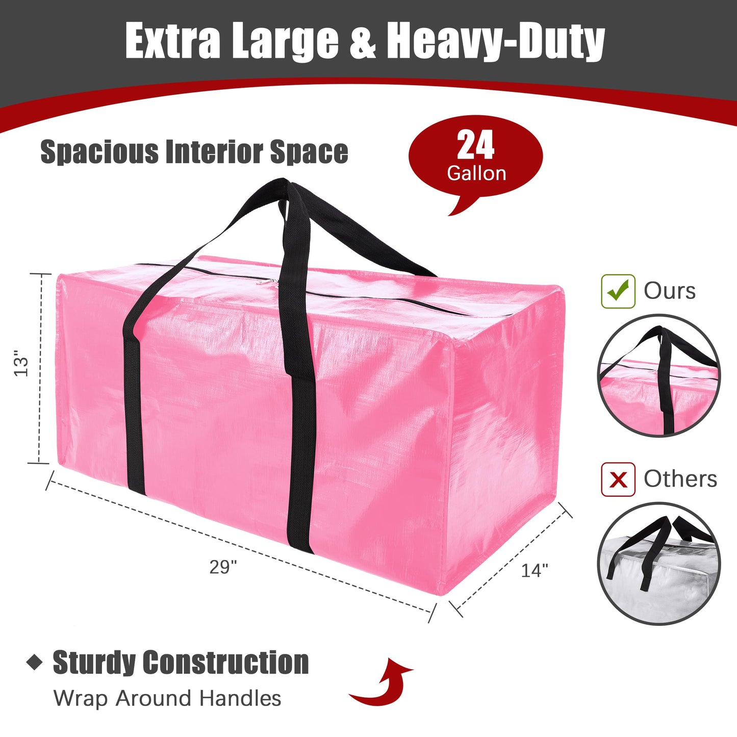 PANDA JOYS 8 Pack Extra Large Moving Bags with Zippers & Carrying Handles, Heavy-Duty Storage Tote for Space Saving Moving Storage, Fold Flat, Alternative to Box and Bin,Pink