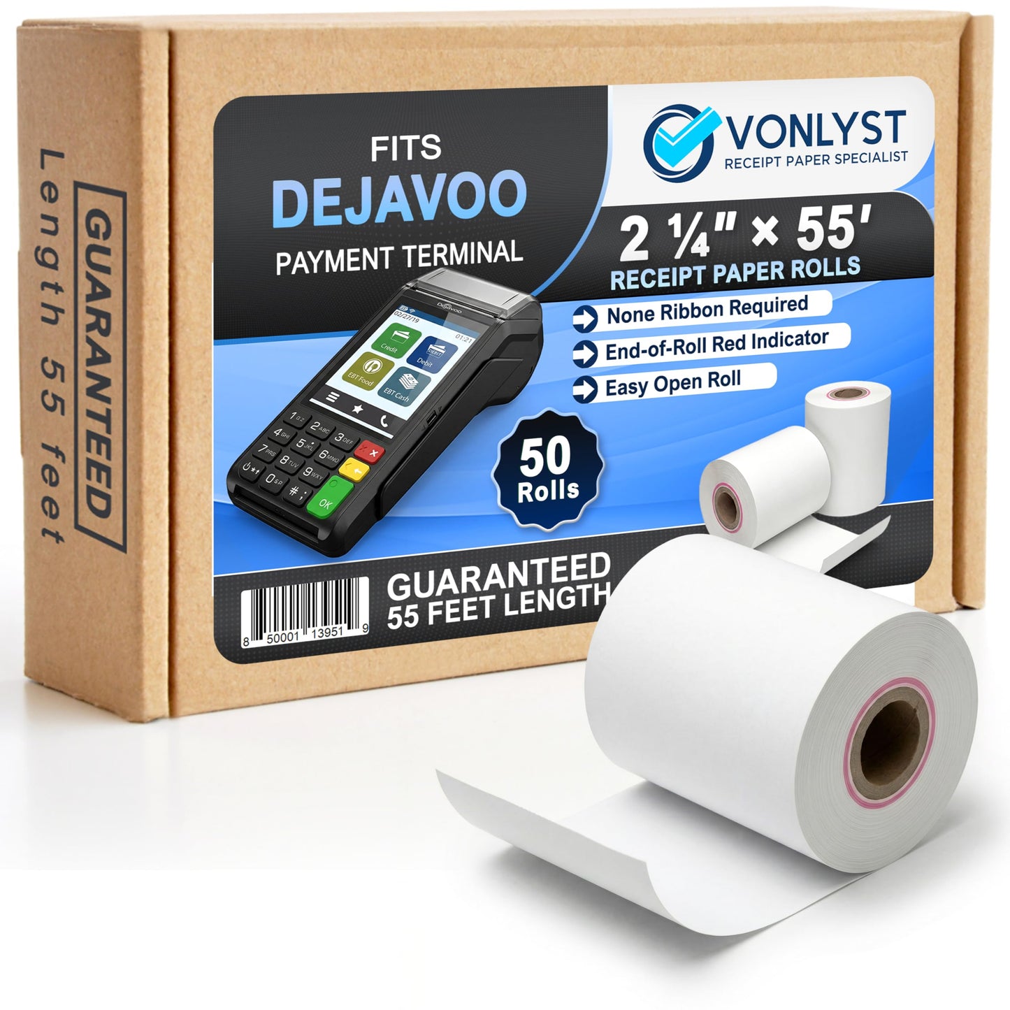 Vonlyst Thermal Receipt Paper Rolls for Dejavoo Z8 Z9 Z11 P1 P3 P8 QD1 QD2 QD4 QD5 – 2 1/4 x 55 BPA Free Credit Card Machine & POS Printer Paper with Red End Warning Stripe – 50 Pack
