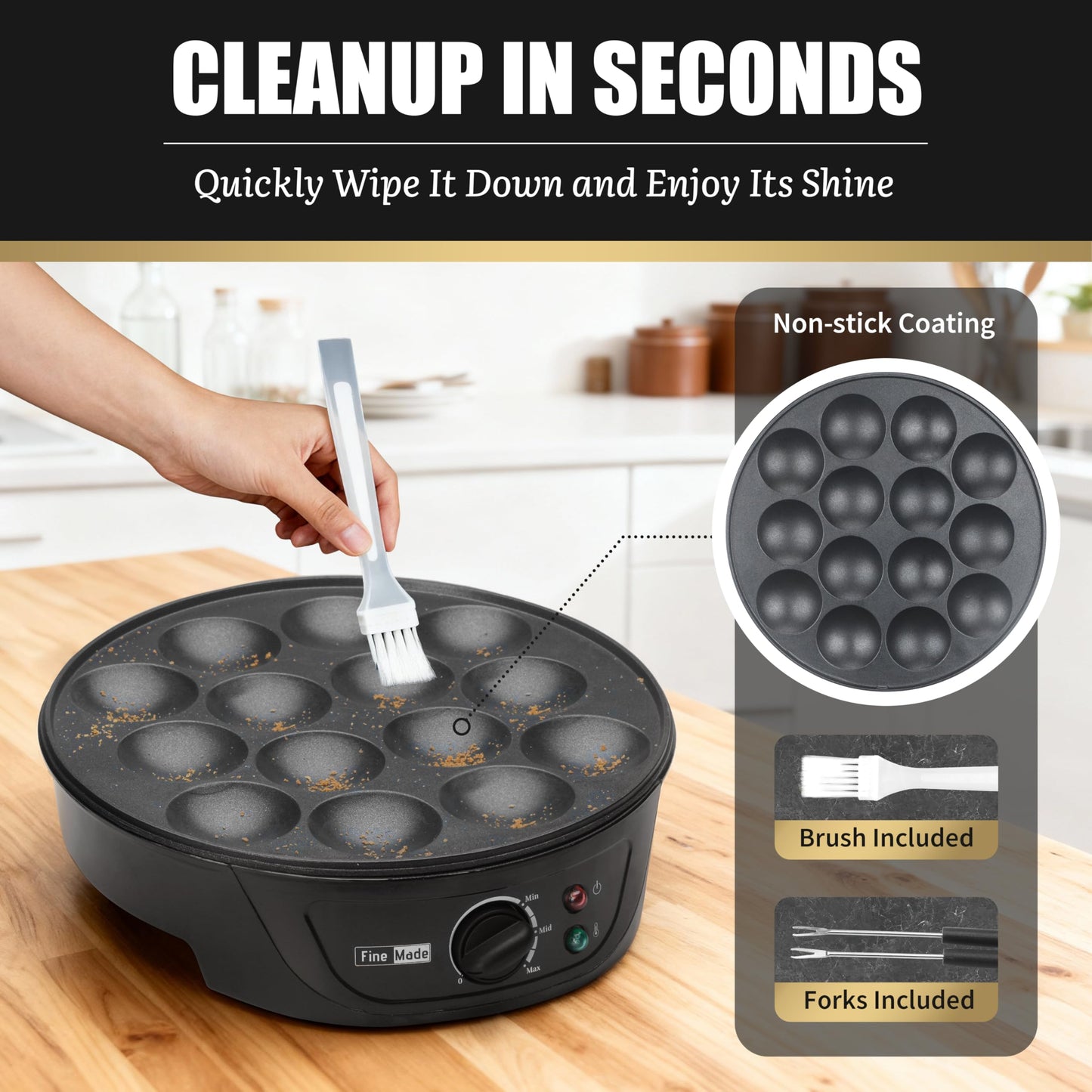 FineMade Non Stick Mini Pancakes Maker Machine, Electric Poffertjes Pan with Browning Control, Small Ebelskiver Aebleskiver Pan, Dutch Mini Pancake Maker, with Brush & Forks, 14 Slots, Black