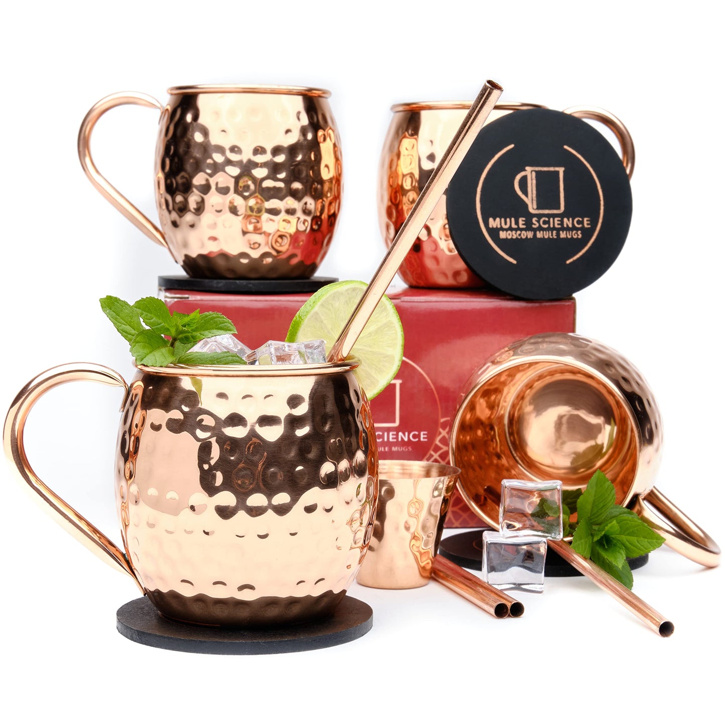 Advanced Mixology Mule Science Moscow Mule Copper Mugs Gift Set of 4 (19 oz) – Handcrafted Hammered Copper Cups, Food-Safe & Tarnish-Resistant – Includes Straws, Coasters & Shot Glass
