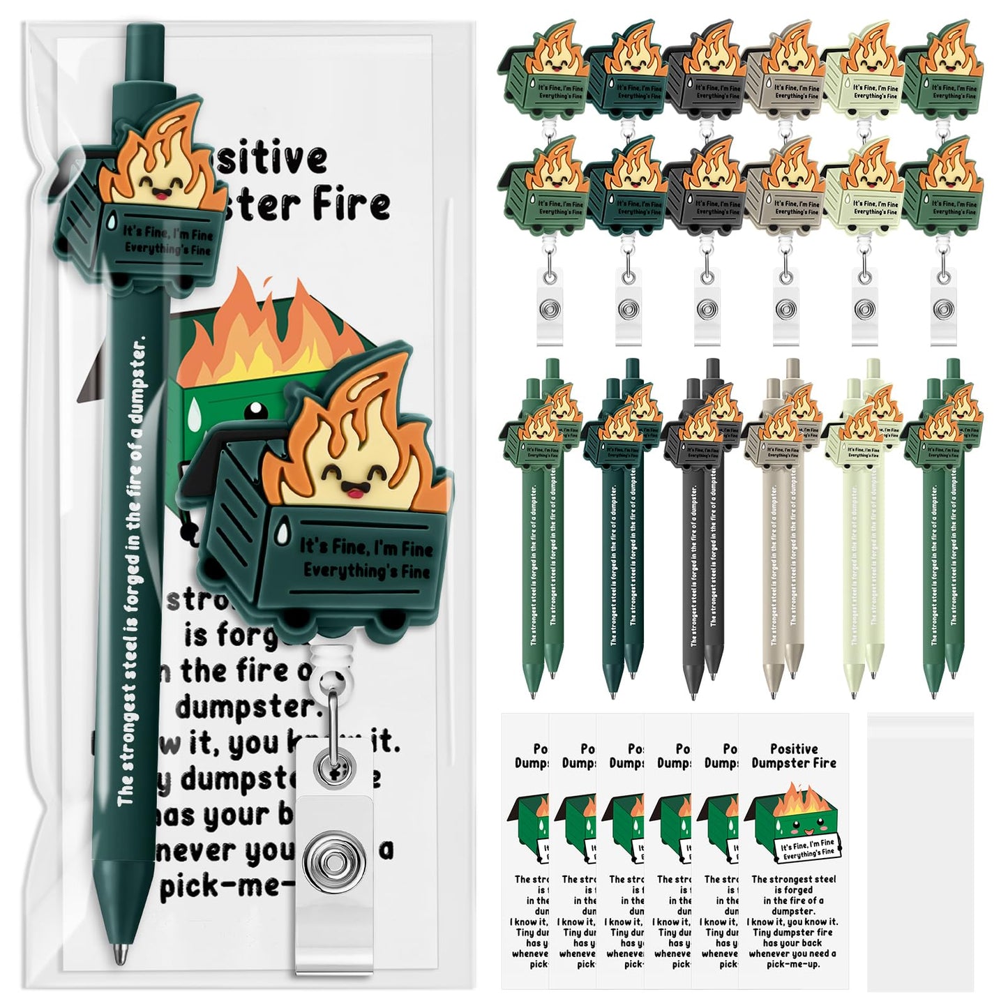 48 Sets Dumpster Fire CNA Week Gifts Dumpster Fire Badge Reel and Pens Bookmark Funny EMS Gifts Retractable Badge Holder for Graduation Response Team Office Nurse Teacher Employee Coworker