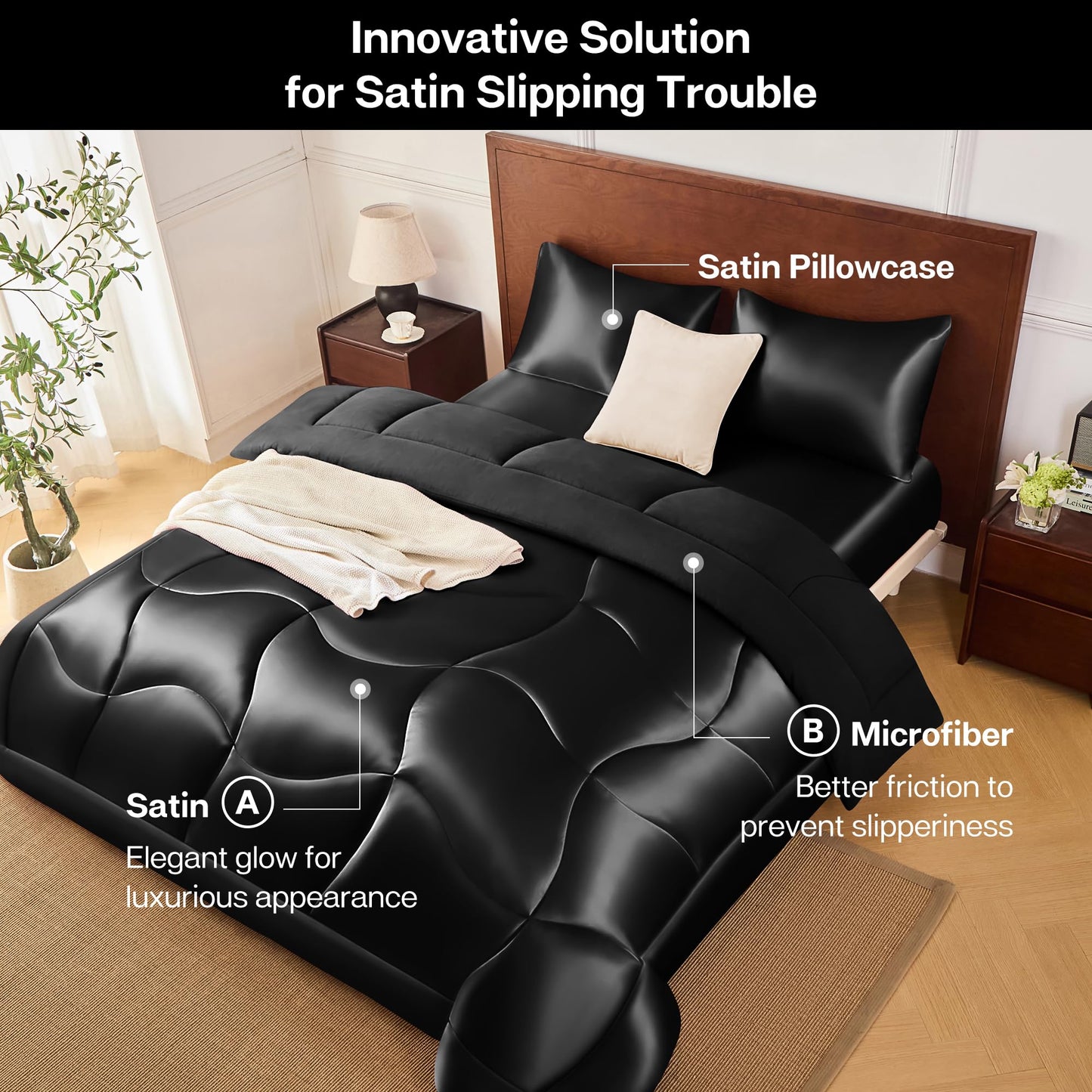 MR&HM Queen Comforter Set Black, Reversible Satin Microfiber Comforter Set for All Seasons, 3 Pieces Non-Slip Silky Soft Bedding Sets with 1 Comforter (90"x90") and 2 Pillowcases (20"x26")