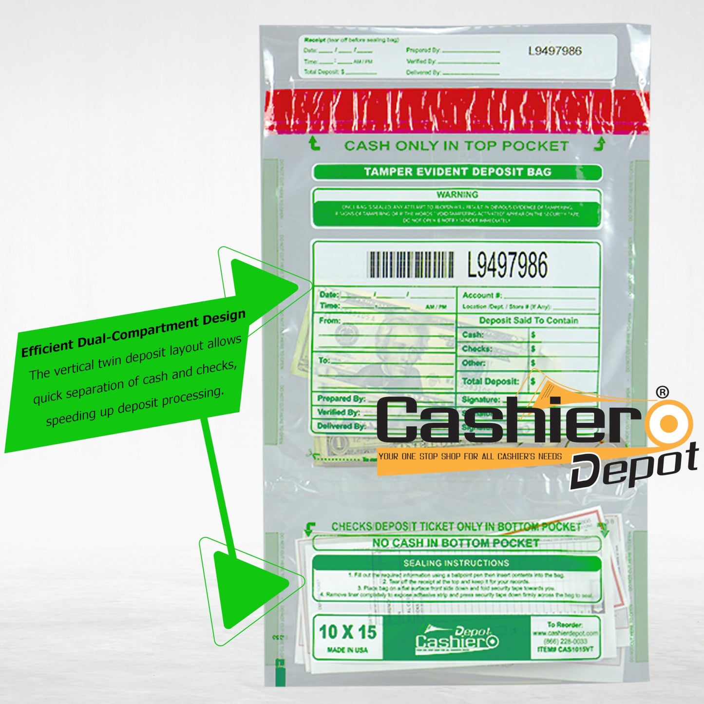 100 Cashier Depot Tamper Evident Bank Deposit Bags, 10" x 15" Clear, Twin Pockets, Serialized Numbering, Barcode, Press & Seal Void Closure Tape