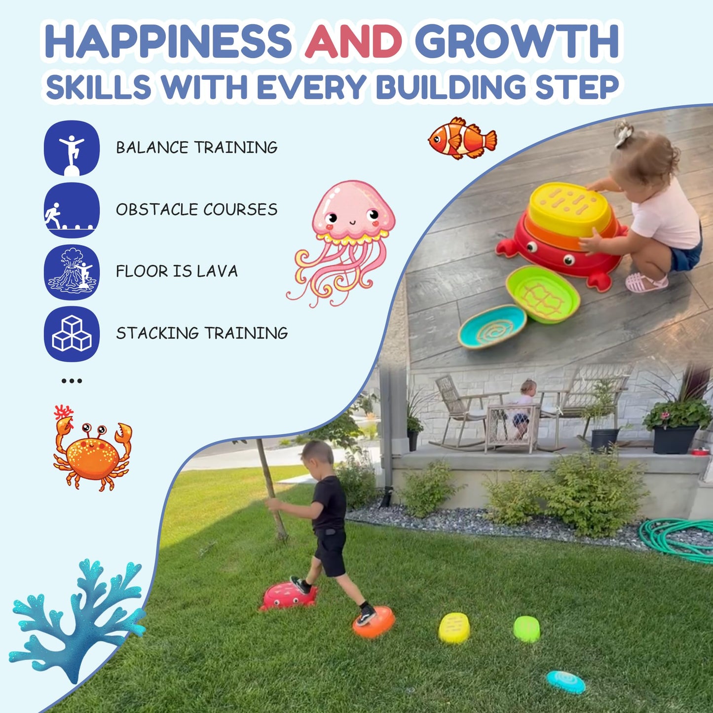 makarci Crab Stepping Stones for Kids,5pcs Double Anti-Slip Balance Sensory Stepping Stones Promoting Toddlers’ Sensory and Coordination Development，Indoor and Outdoor Play for Kids 3-8