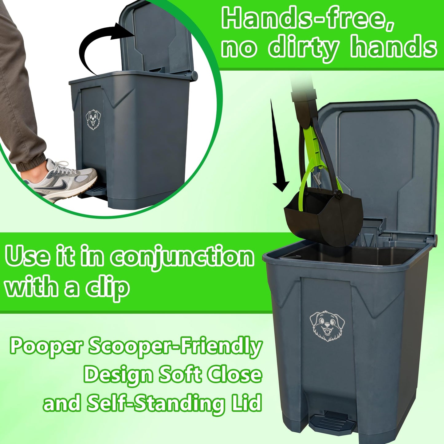 LNYBJS Outdoors Pet Waste Station 20L/5 Gallon Dog Poop Trash Can with Lid – Foot Pedal, Removable Inner Bin,Includes 200 Bonus Waste Bags & Long Handle Green Pooper Scooper