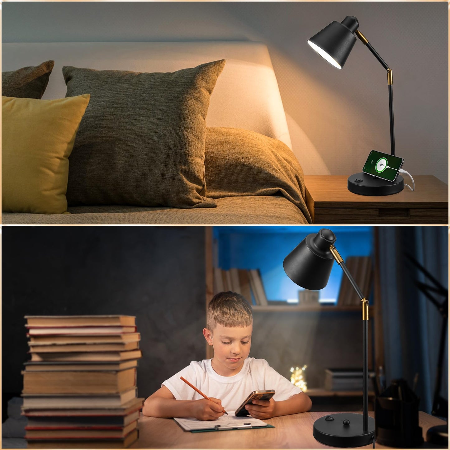 Anxingtools LED Desk Lamp with Dual USB Charging Ports, 100% Metal, 270° Swivel Arms, Soft White Light (3000K), Bedside Reading Lamp, Home Office Lamp (Black)