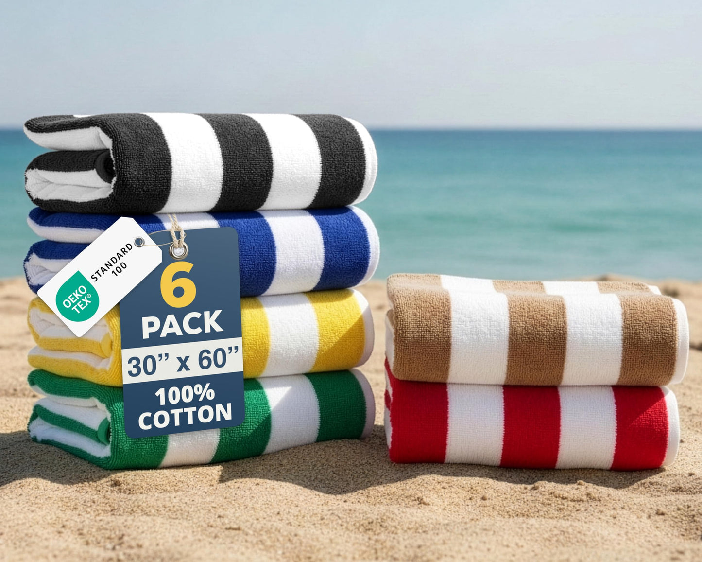 LANE LINEN Beach Towels 6 Pack - 520 GSM Beach Towel (30" x 60") – 100% Cotton Soft, Thick & Highly Absorbent Pool Towels for Hotel Airbnb Spa - Quick Dry Cabana Stripe Large Towel - Tropical Escape
