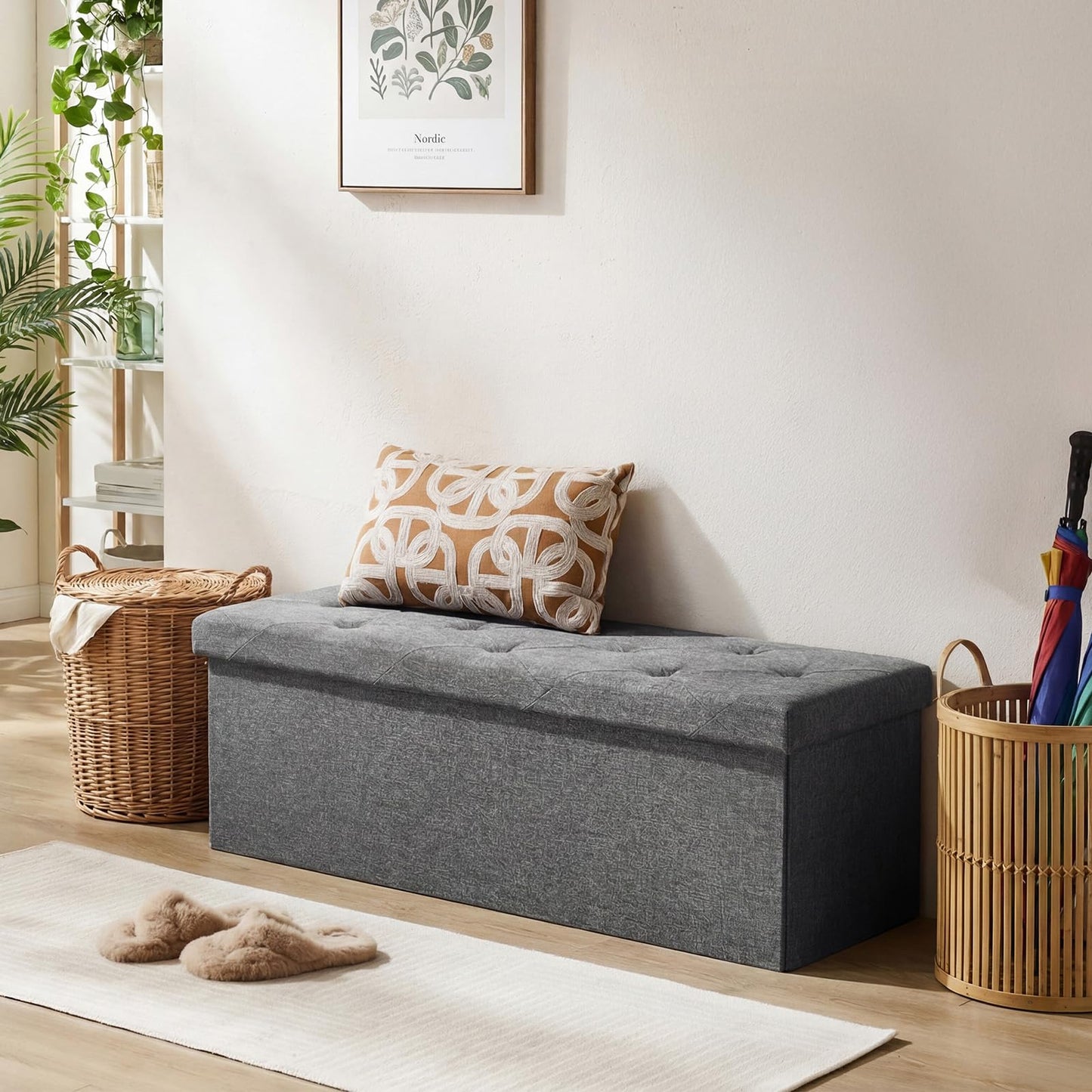 DUMOS 43in Storage Ottoman Bench, Storage Chest, End of Bed Foot Rest Stool with Padded Seat, Bedroom Bench for Living Room, Entryway, Support 660lbs, Grey
