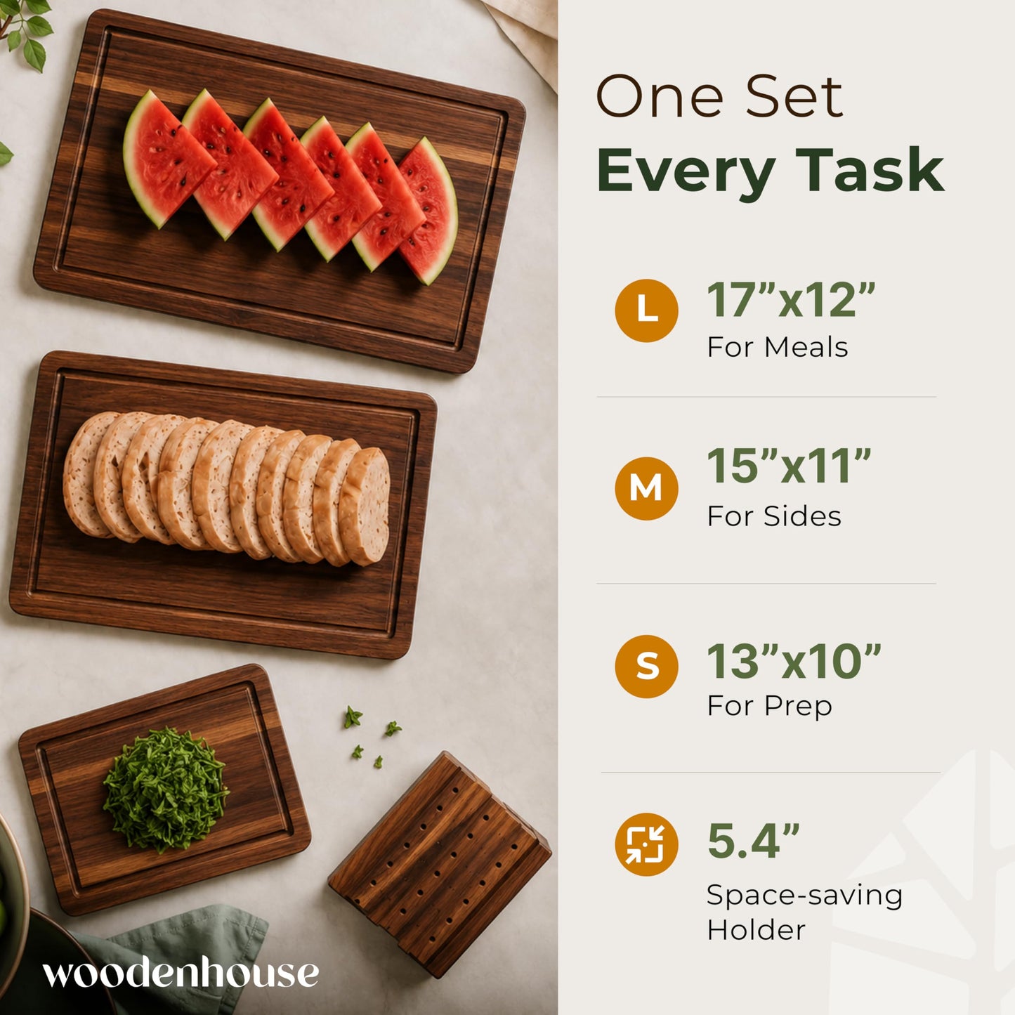 Acacia Wood Cutting Board Set of 3 with Holder, Juice Grooves & Built-in Handles - Durable, Wooden Cutting Boards for Kitchen, Perfect for Chopping, Food Prep and Serving as a Charcuterie