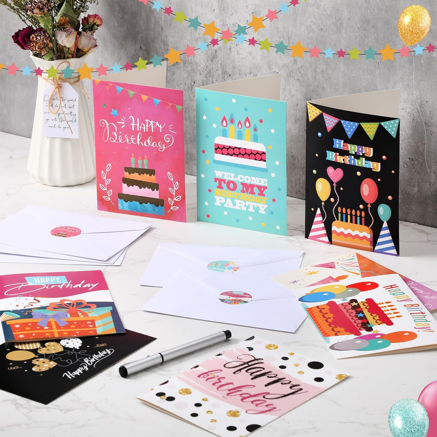 Lemosae 200 Set Unique Happy Birthday Card Bulk with Envelope and Sticker Blank Greeting Card Large 5 x 7 Inch Suitable for Office Kids Women Men, 20 Styles(Lovely Style)
