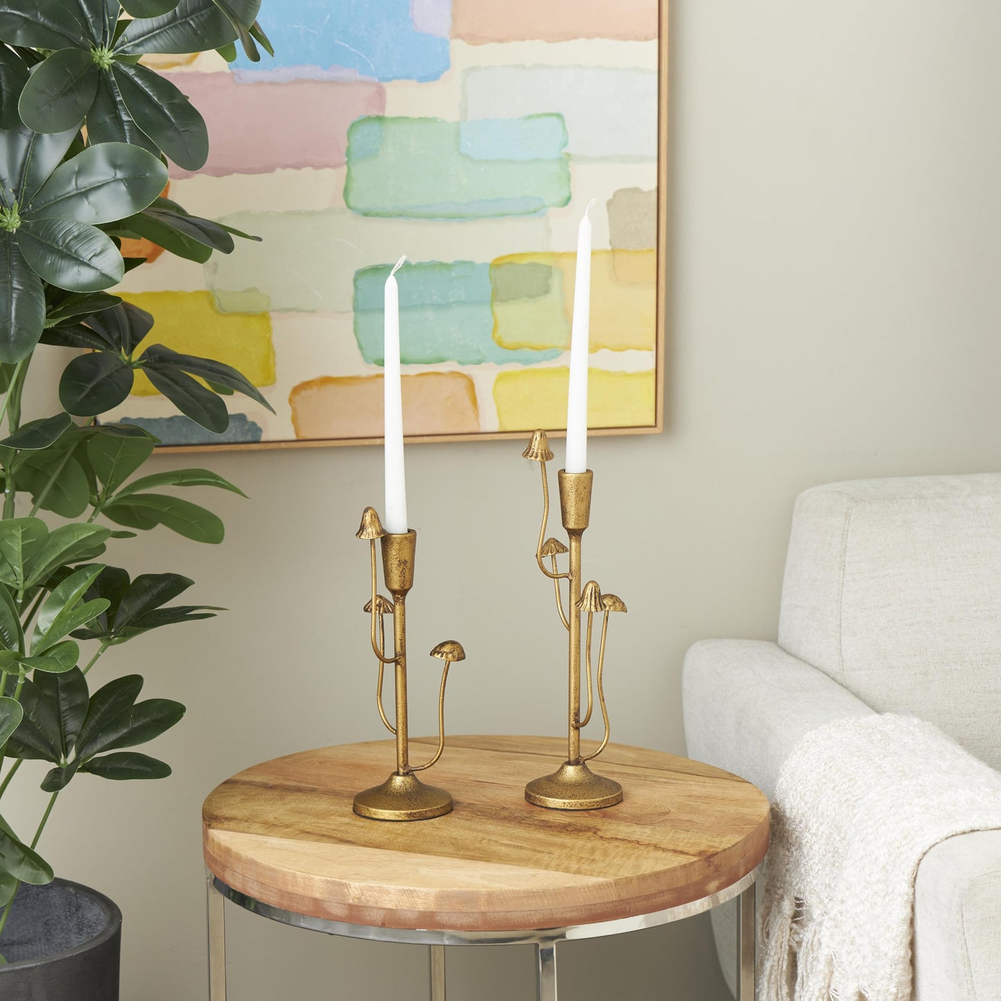 Deco 79 Metal Abstract Decorative Candle Holder Mushroom Inspired Candle Stand, Set of 2 Candlestick Holder 11", 14"H, Gold