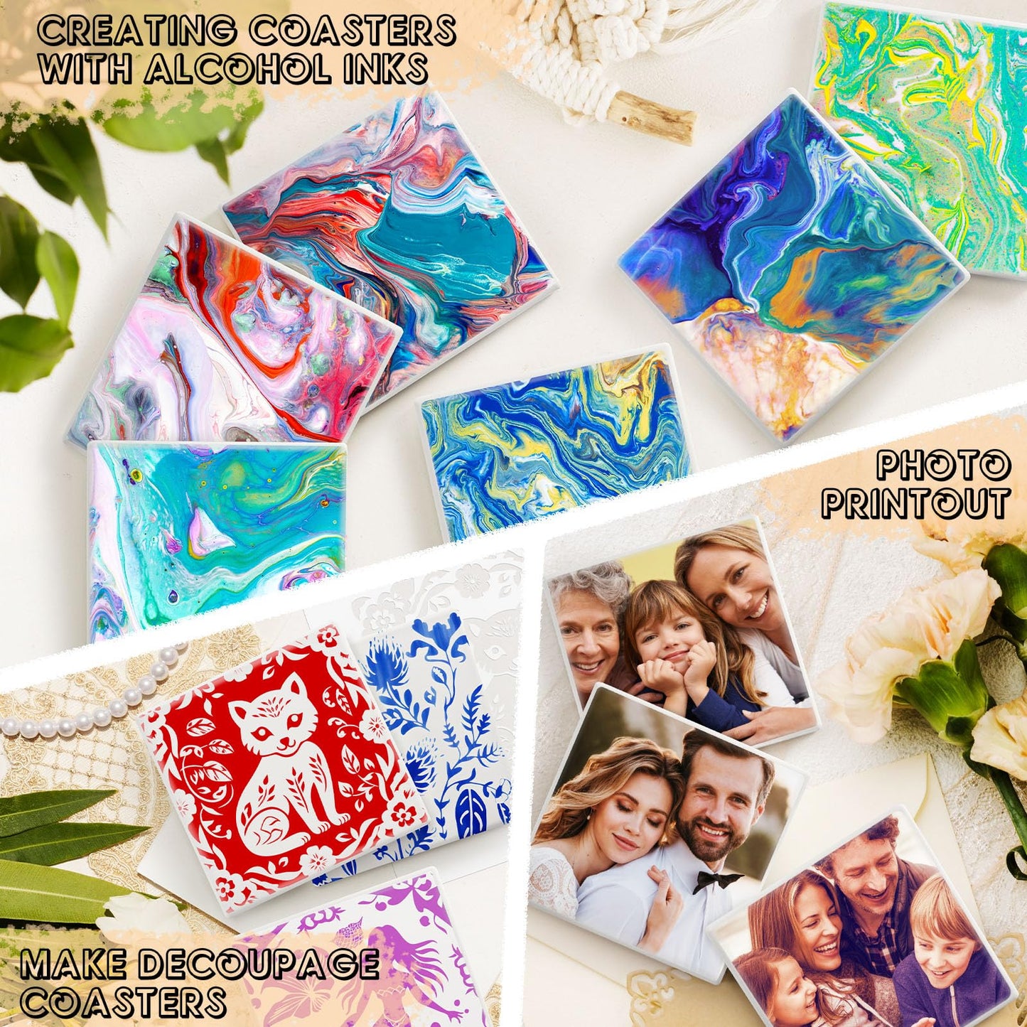 Ceramic Tiles for Crafts, GOH DODD 24 PCS Unglazed Blank Coasters with 24 PCS Cork Backings for Painting, Alcohol Ink, Acrylic Pouring, Decoupage, Arts, DIY Craft Gifts, Square, 4 Inch, White