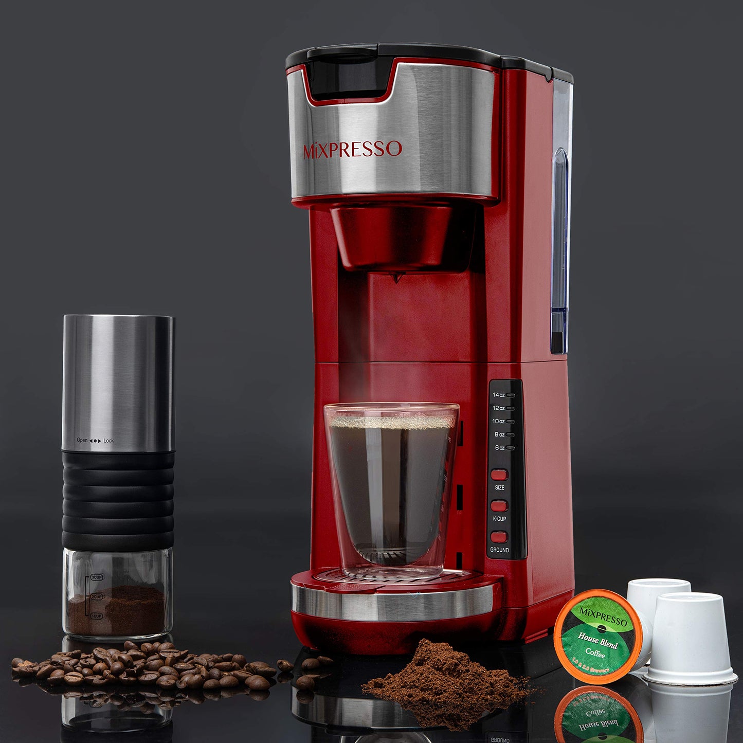 Mixpresso Red Single Serve Coffee Brewer K-Cup Pods Compatible & Ground, 30 oz Compact Coffee Maker Single Serve With 5 Brew Sizes Up To 14 Oz, Fits Travel Mug, Adjustable Drip Tray