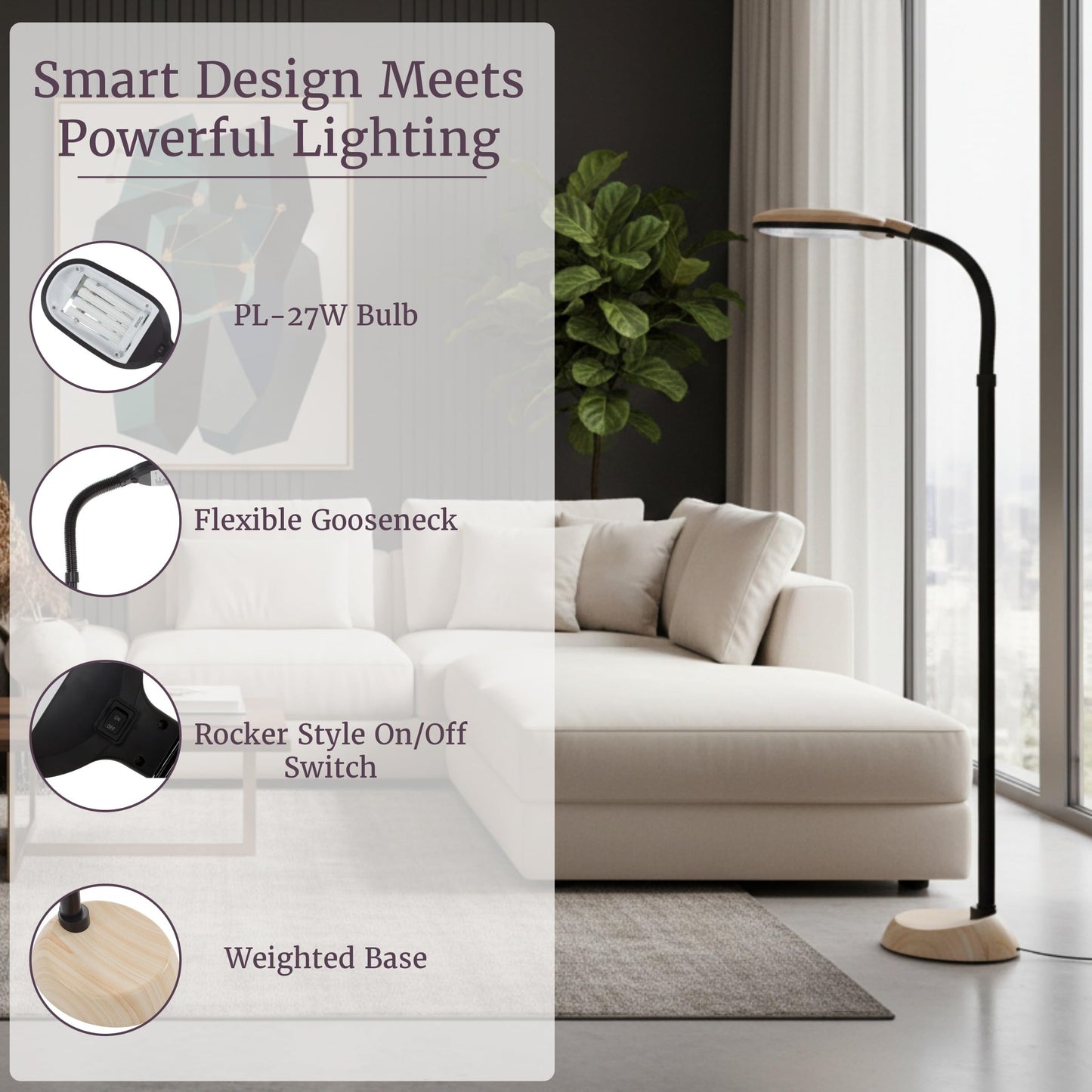 Bedford Home Floor Lamp - Full Spectrum Natural Sunlight Lamp with Bendable Neck - Reading, Craft, and Esthetician Light (Light Woodgrain)