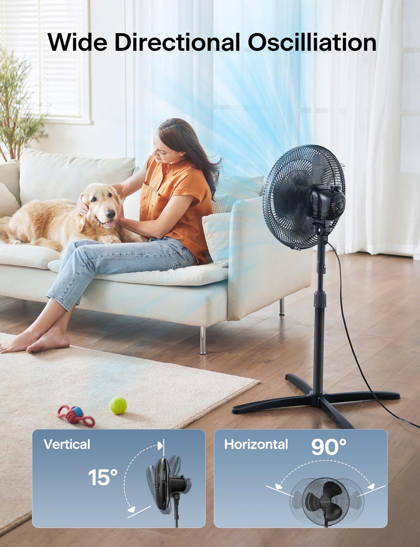 PELONIS 16 inch Pedestal Fan for Bedroom , Oscillating Fan, 3-Speeds, 90° Oscillation, Adjustable Height, Floor Fan, Standing Fan for Living Room, Kitchen, and Home office, Black