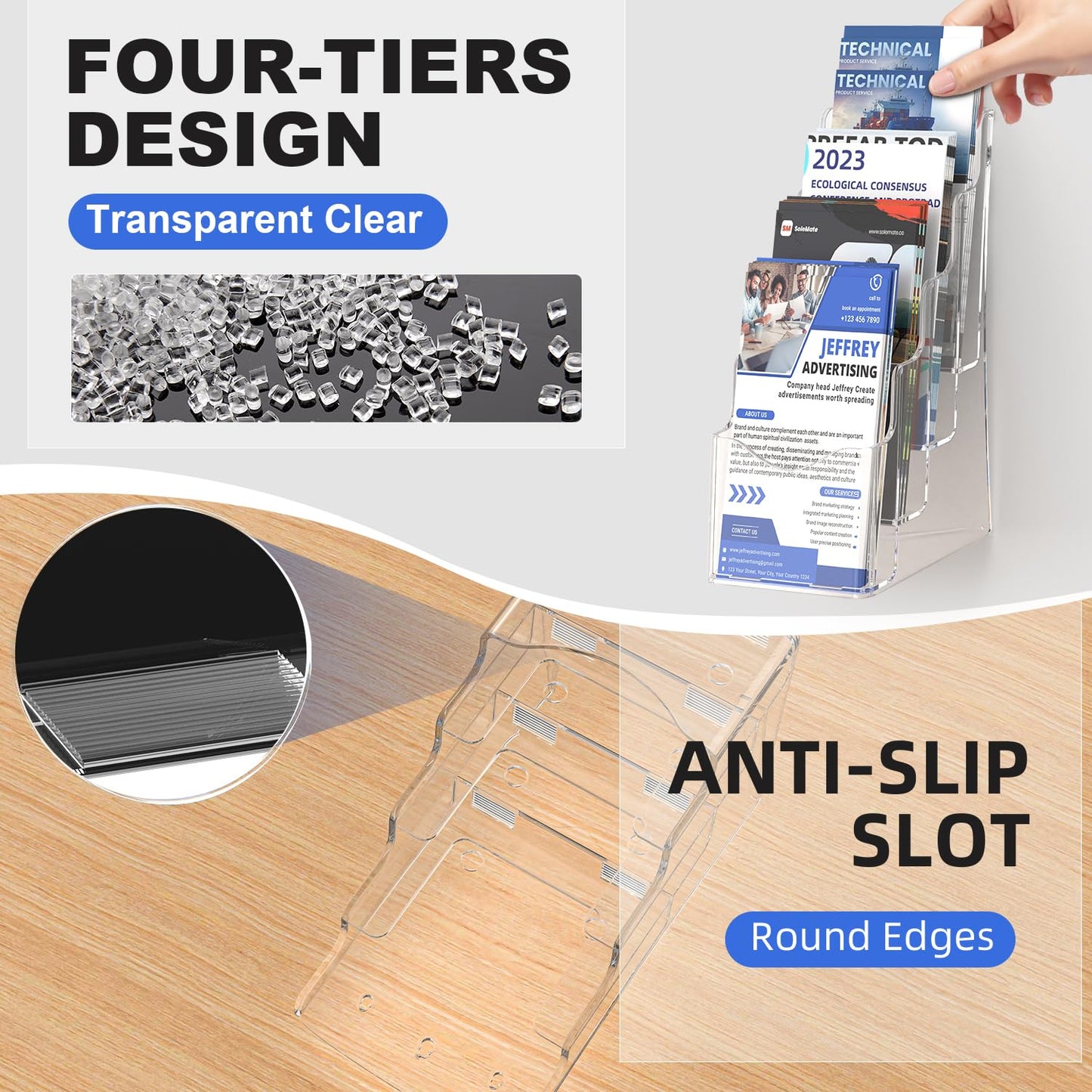 Nellvita 4 Pcs Acrylic Brochure Holder, 4 x9 Inches Flyer Holder, 4 Tier Clear Pamphlet Holder, 4 Inch Wide Magazine Literature Organizer Holder, Brochure Display Stand, for Wall Mount or Desktop Use