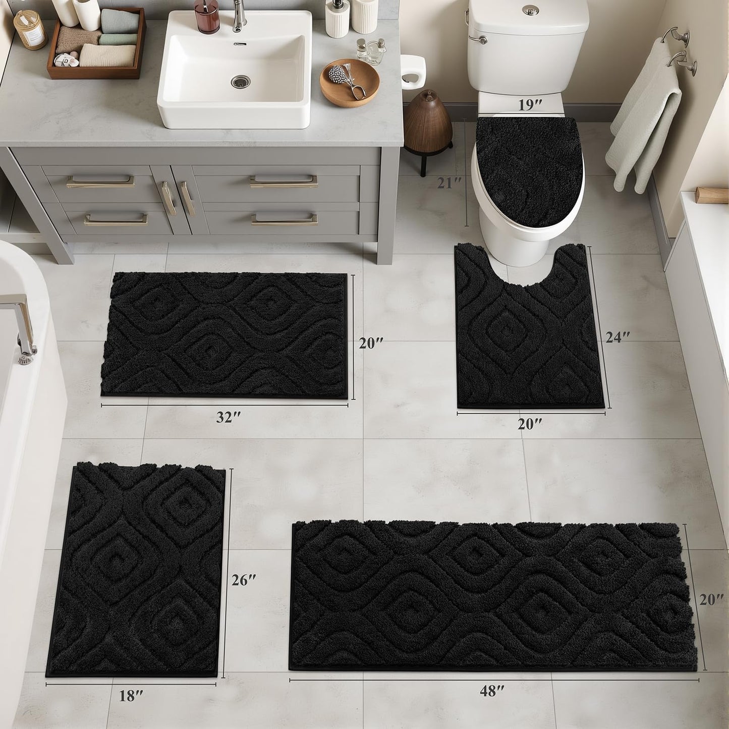 Ileading Bathroom Rugs Sets 5 Piece, Ultra Soft Absorbent Bath Mat for Bathroom, Non Slip Washable Bath Rug Set with Toilet Cover, Plush Bath Runner and U-Shaped Contour Toilet Rug, Black