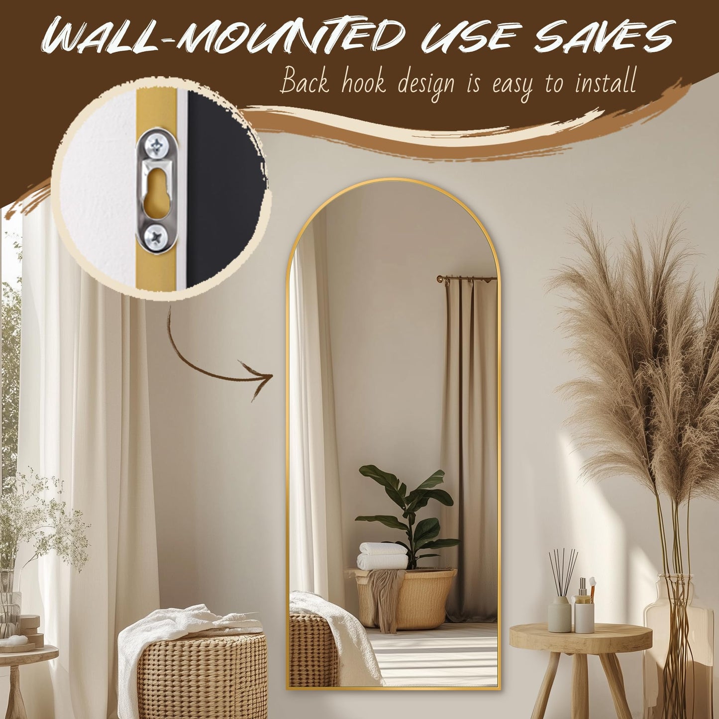 Antok Arched Full Length Mirror, 56"x14" Gold Metal Frame Floor Mirror for Bedroom Living Room, Freestanding/Wall Mount/Leaning