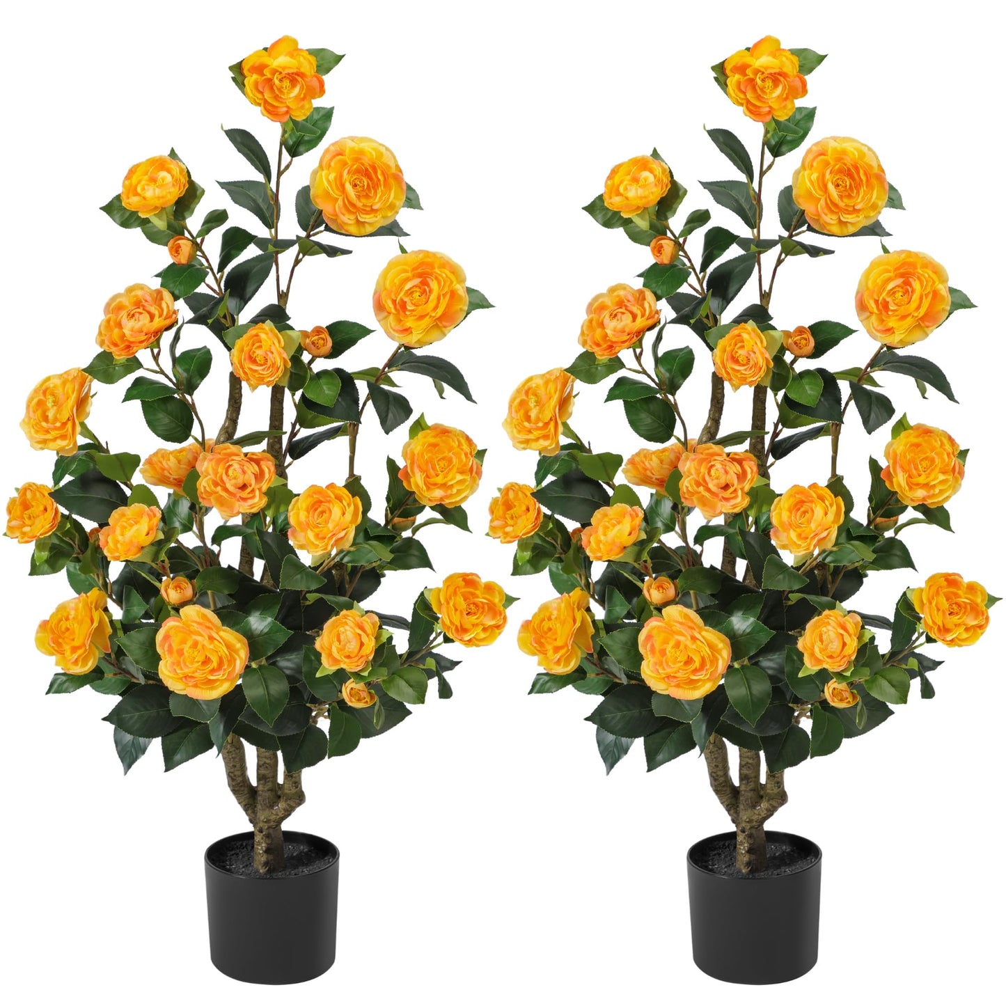 TreeTrip Artificial Camellia Tree 3.3 FT 2 Pack, Christmas Decor Fake Camellia Plant with Blooming Flowers&Natural Wood Trunk, Greenery Faux Potted Plant for Home Office Winter Indoor (Orange, 3.3FT)
