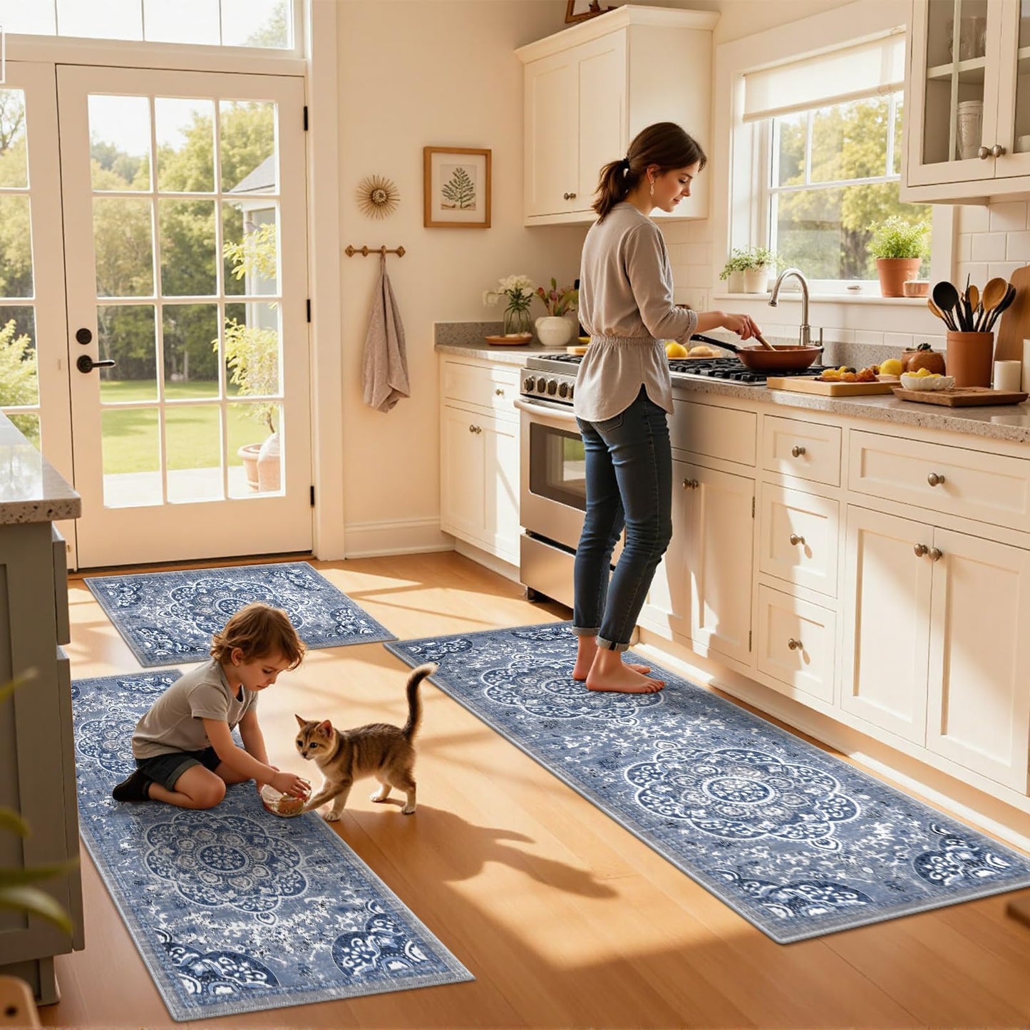 Ileading Boho Kitchen Rugs Sets 3 Piece with Runner Floral Kitchen Floor Mat Carpet Farmhouse Kitchen Rugs and Mats Non Skid Washable Runner Rug for Kitchen Floor Office Sink Laundry, Blue