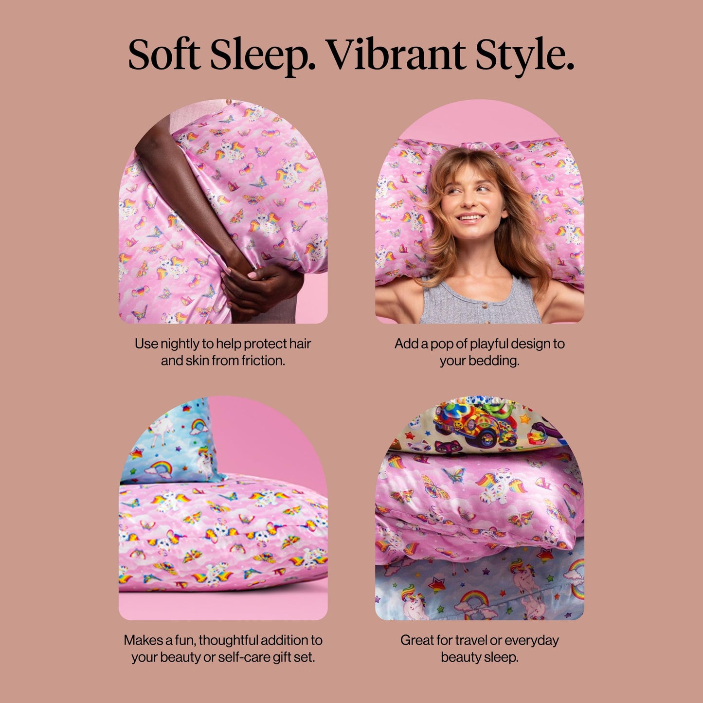 Lisa Frank x Kitsch Satin Pillowcase with Zipper for Hair & Skin - Softer Than Silk Pillow Cases, Smooth Cooling Satin Pillow Case, Wrinkle-Free Pillow Cases Standard Size (19x26) - Angel Kitty