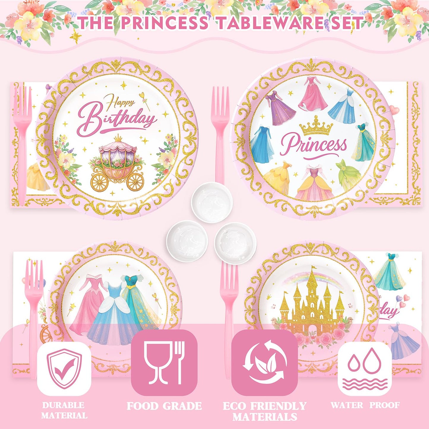 Princess Birthday Party Decorations – 199 PCS Princess Party Supplies for 24 Guests, Includes Plates, Cups, Napkins, Tablecloth, Castle Banner, Balloons, Cupcake Toppers, Tiara & Sash
