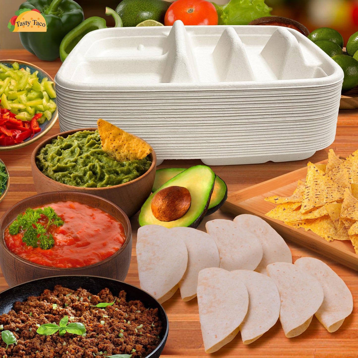 White Disposable Taco Plates for 2 Tacos & 2 Sides – 50 PACK | Premium Paper Plates with Dividers, Fiesta Taco Holder, Taco Stand for Taco Tuesday & Taco Bar Serving Set (White, 50 plates)