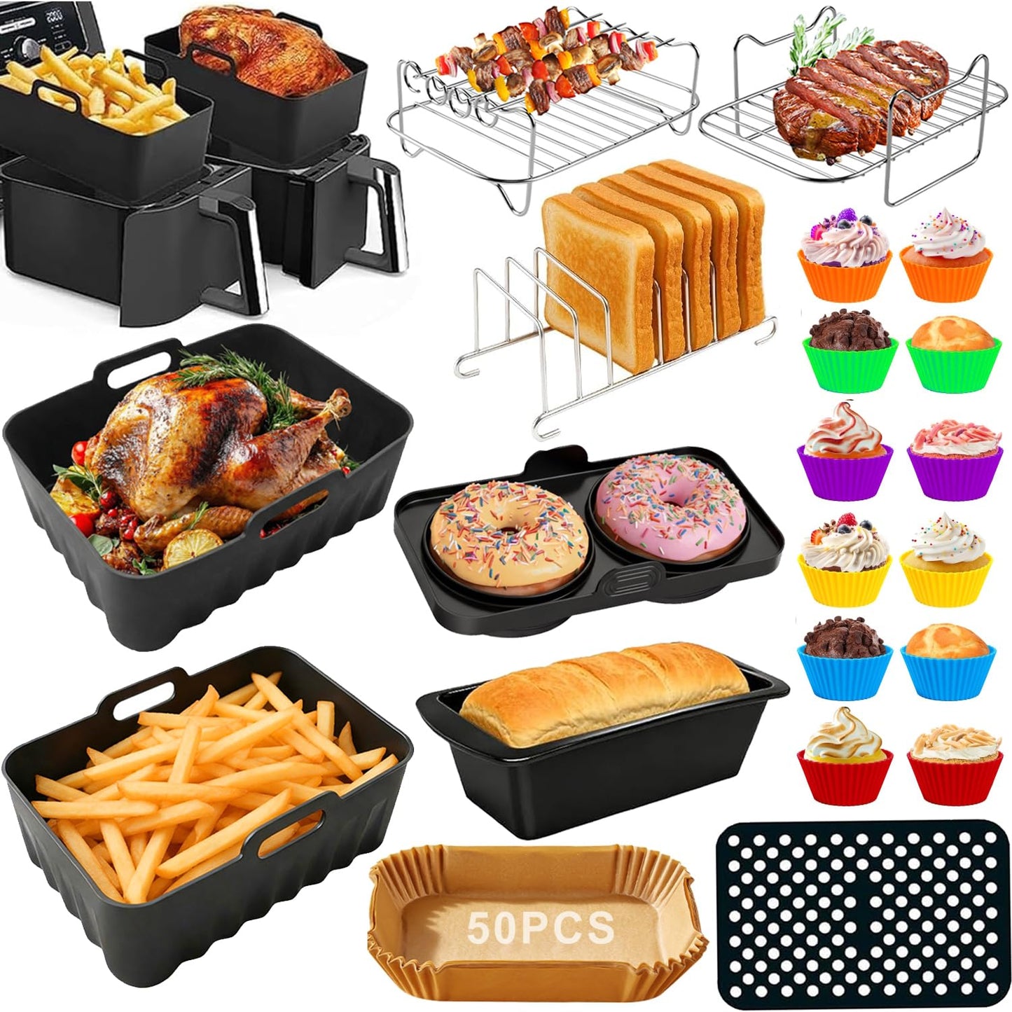Dual Air Fryer Accessories, Reusable Compatible for Ninja Foodi DZ201, DZ401, DZ550, DZ302, COSORI 9QT, Chefman, Instant, and 6-in-1 8-10QT Dual Basket Air Fryersr,Silicone Liner, Grill