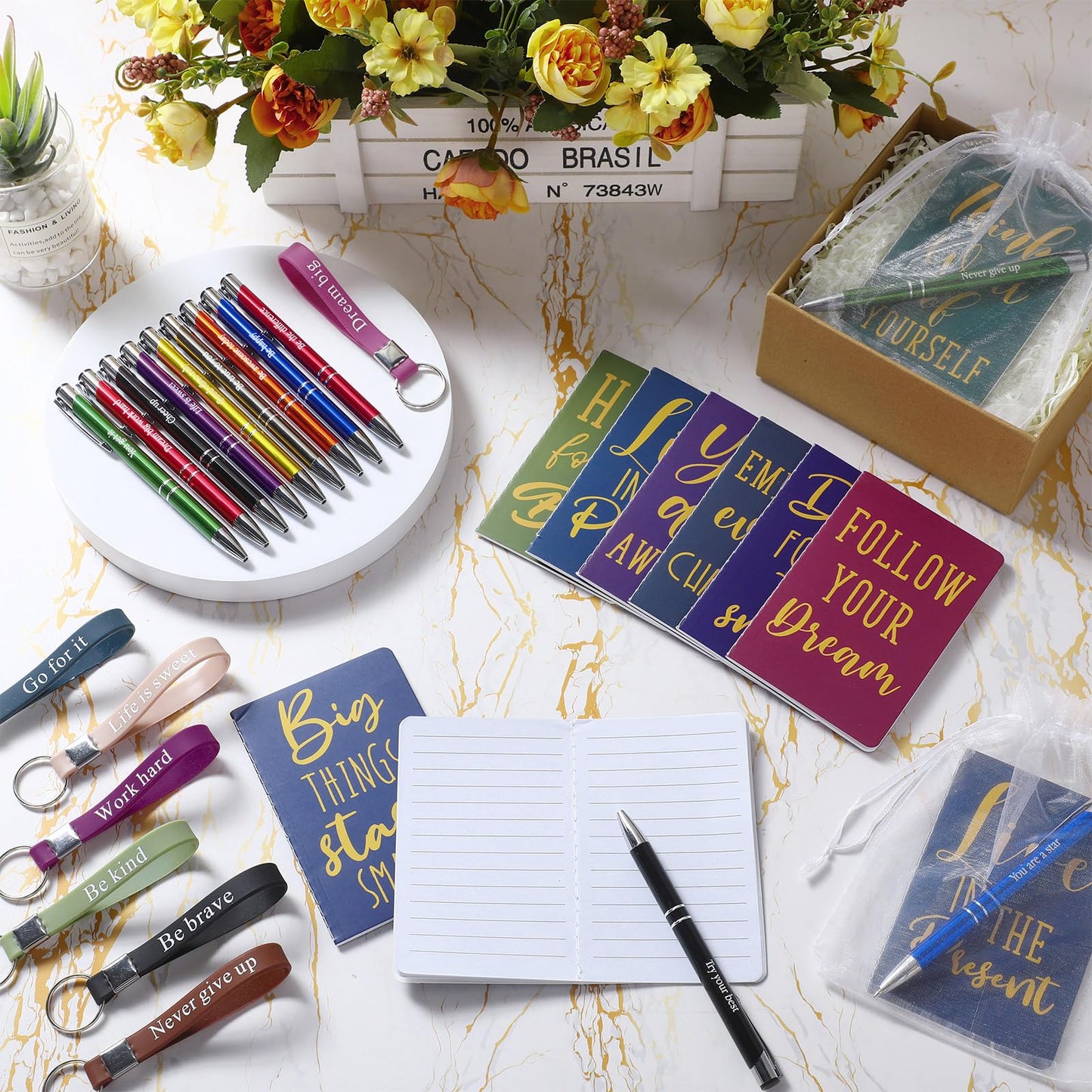 Pajean 128 Pcs Inspirational Gifts Bulk Motivational Notebooks Journal Ballpoint Pens Positive Keychains Organza Bags for Students Teachers Employee School Office Prizes Favors Supplies(Classic)