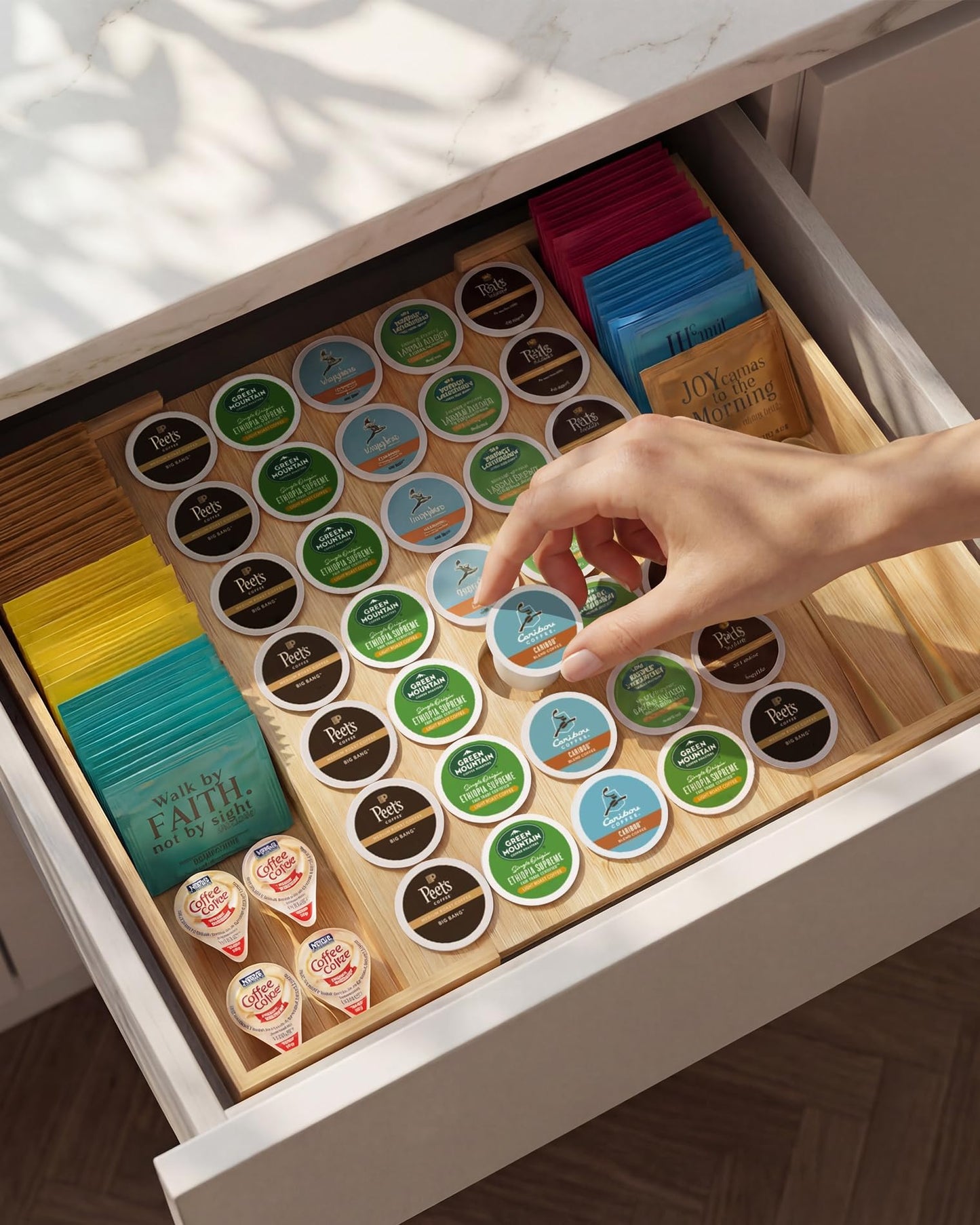 WELL WENG Larger Expandable Bamboo Coffee Pod Holder for Counter Drawer Display, 35 Pod Capacity, K-Cup Pods - Tea Bags Storage Organizer Holder (Bamboo)