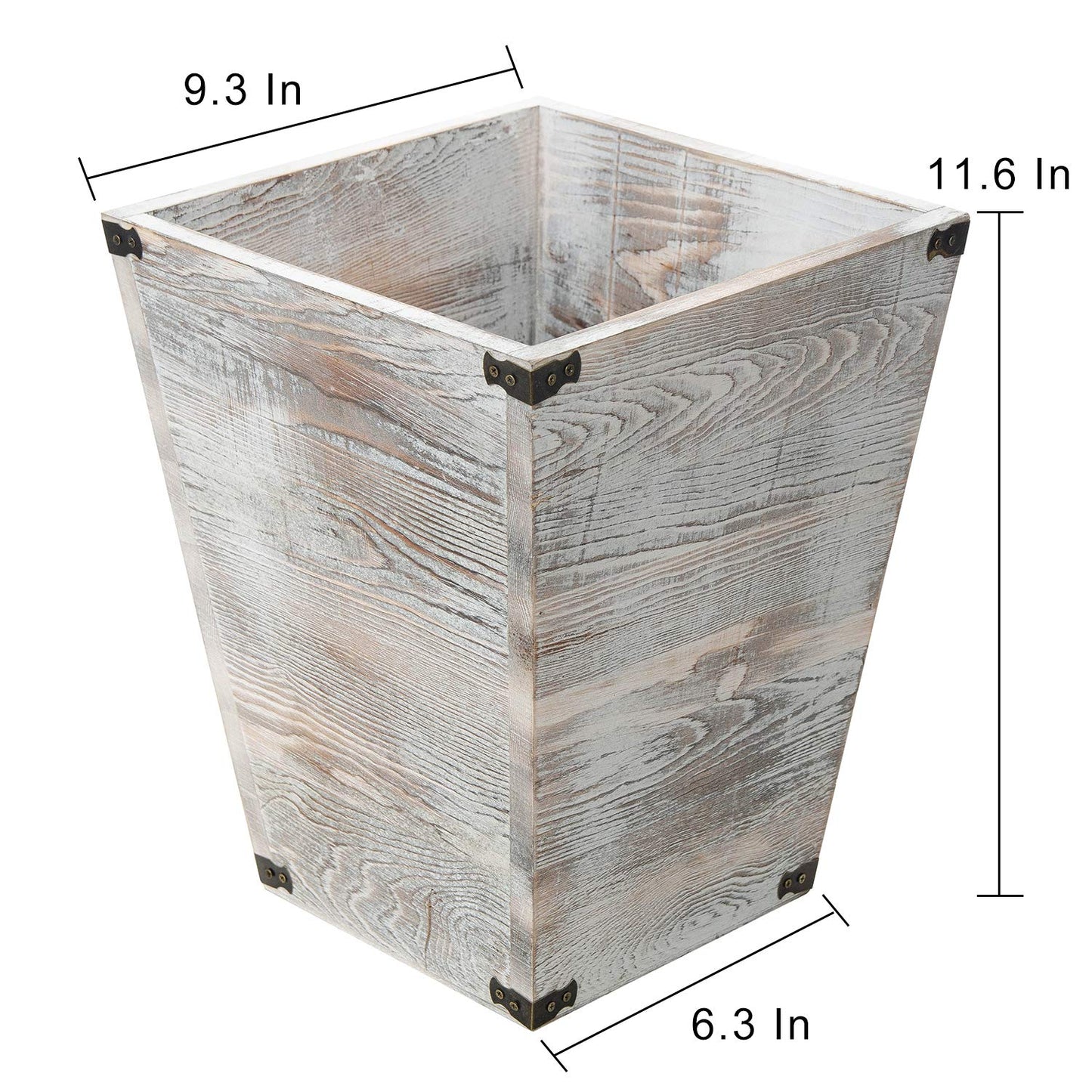 ExoLiry Rustic Whitewashed Torched Wood Square Waste Basket Recycle Bin Trash Can Decorative Metal Brackets Whitewashed Wooden Garbage Container Ash Holder Bedroom Living Room Home Office