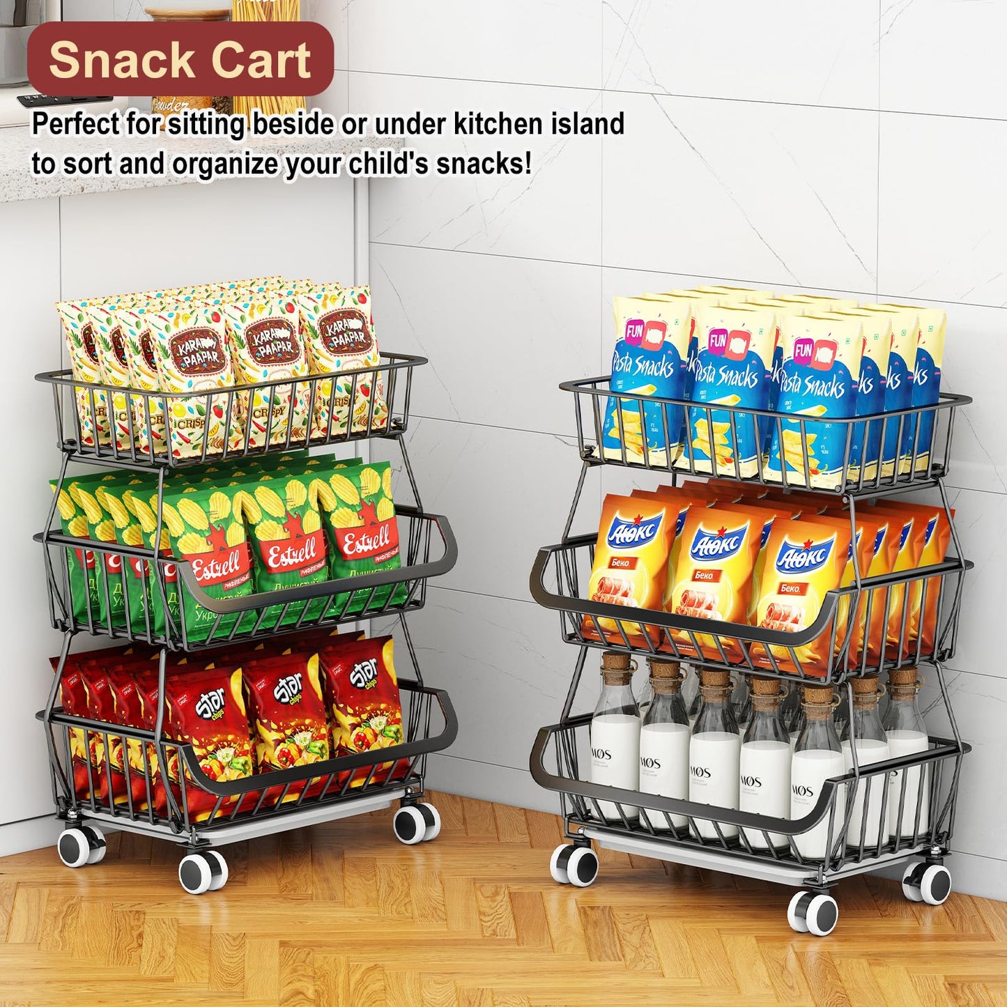 Miyawell 3-Tier Rolling Pantry Cart with Wheels, Stackable Wire Storage Floor Organizer for Kitchen Pantry Snack Shelves, Fruit Basket Stand, Vegetable Storage Rack for Food Snacks Onion Potato